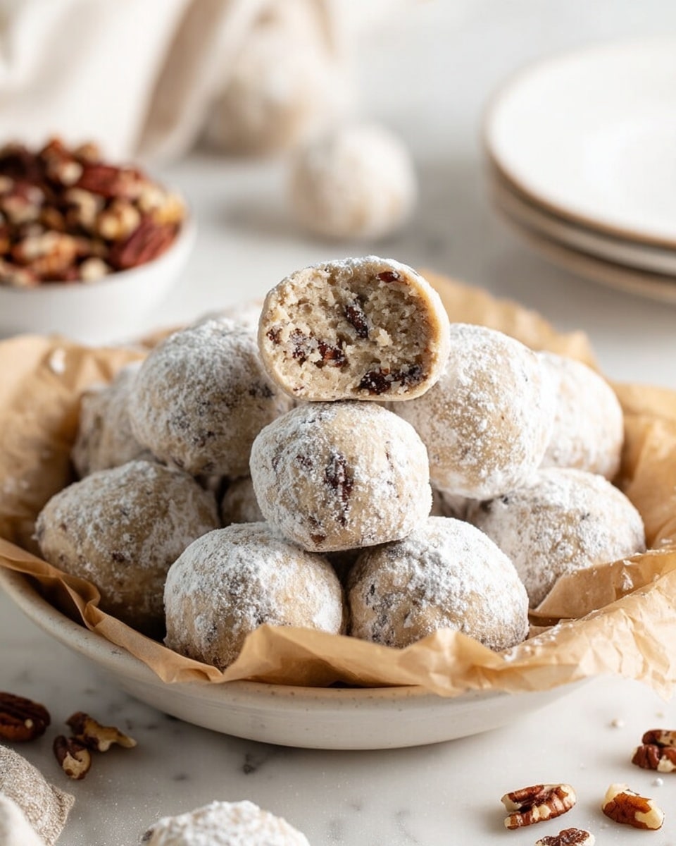 In this image, there is a white bowl filled with a thick layer of white powdered sugar. Two round cookie dough balls with light beige color and small dark spots are partially covered in the powdered sugar and sit on top, slightly sunk in it. In the background, on a white marbled surface, there is a wire cooling rack holding a baking sheet with nine evenly spaced, unbaked cookie dough balls that match the beige color and texture of the ones in the bowl. The overall scene is bright and clean. Photo taken with an iphone --ar 4:5 --v 7