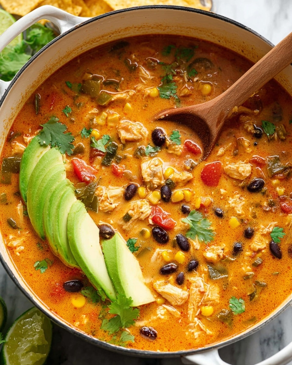 A close-up view of a large white pot filled with a thick, orange creamy soup containing visible chunks of cooked chicken, black beans, yellow corn, diced green bell peppers, onions, and red tomatoes. The soup has fresh green cilantro leaves and thin slices of light green avocado arranged neatly on one side. A wooden spoon rests inside the pot, partially submerged in the soup. The pot is placed on a white marbled surface with lime wedges and tortilla chips visible in the background. photo taken with an iphone --ar 4:5 --v 7