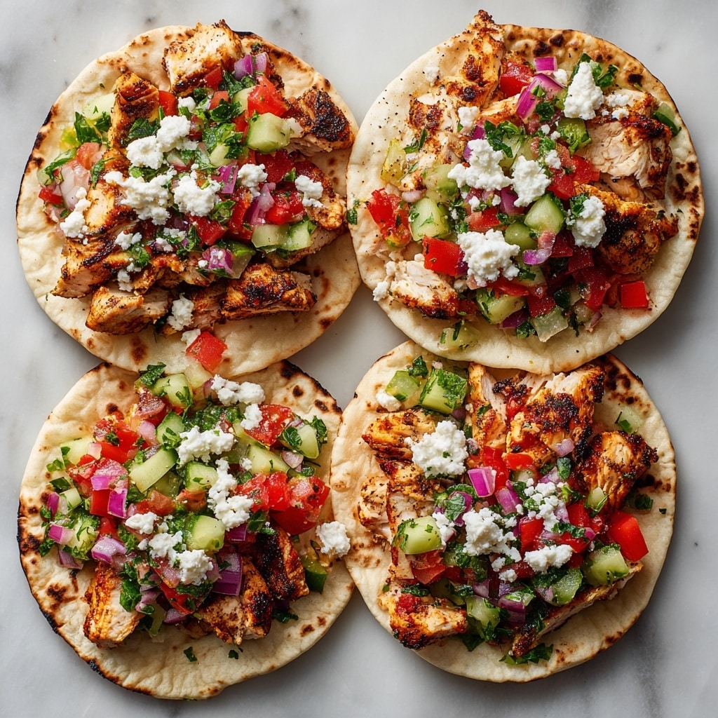Three soft white corn tortillas are filled with seasoned grilled chicken pieces that show a light char. Each tortilla is topped with a vibrant mix of diced red tomatoes, green cucumbers, finely chopped purple onions, and fresh green parsley. Small white crumbles of feta cheese are scattered generously across the top. Two lemon wedges sit on the side of the white plate, which rests on a white marbled surface. The colors are bright and fresh, with a mix of soft and crunchy textures visible. photo taken with an iphone --ar 4:5 --v 7
