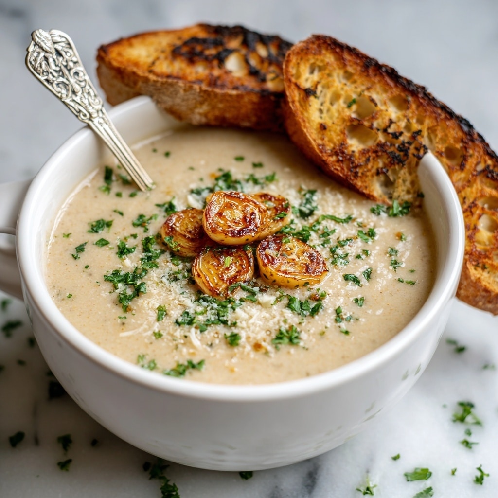 A stainless steel pot sits on a white marbled surface, filled with a creamy, light beige soup that has small chunks of white beans and tiny green herb pieces scattered throughout. A wooden spatula is placed inside the pot, partially submerged in the soup, with the handle extending out to the right side of the image. The soup has a smooth texture with some visible bean lumps and herbs, and the brightness highlights the slight shine on the pot. photo taken with an iphone --ar 4:5 --v 7