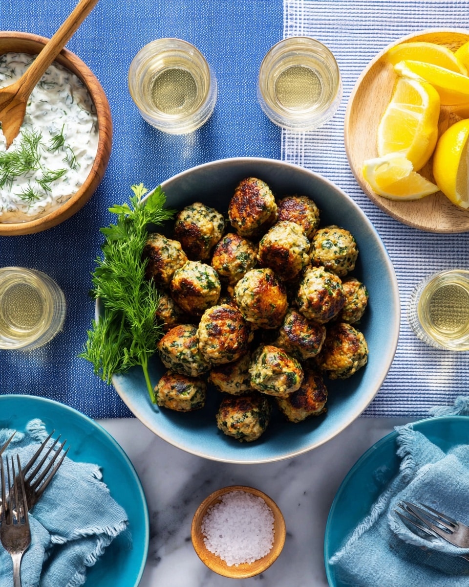 A bowl filled with about twenty round, golden-brown meatballs speckled with green herbs, showing a textured crispy surface, sits at the center on a white marbled surface; a small bunch of fresh green parsley leaves rests at the bottom-left inside the bowl. To the top-left is a bowl with a creamy white sauce mixed with green herb bits, topped with a few sprigs of dill and a wooden spoon resting inside. To the right, a white plate holds bright yellow lemon wedges, and on the lower left and right, there are blue plates with neatly folded light blue cloth napkins and silver forks. A small bowl of coarse salt is placed near the bottom right, and two wine glasses filled with pale golden wine are visible, all set on a blue checkered cloth. photo taken with an iphone --ar 4:5 --v 7