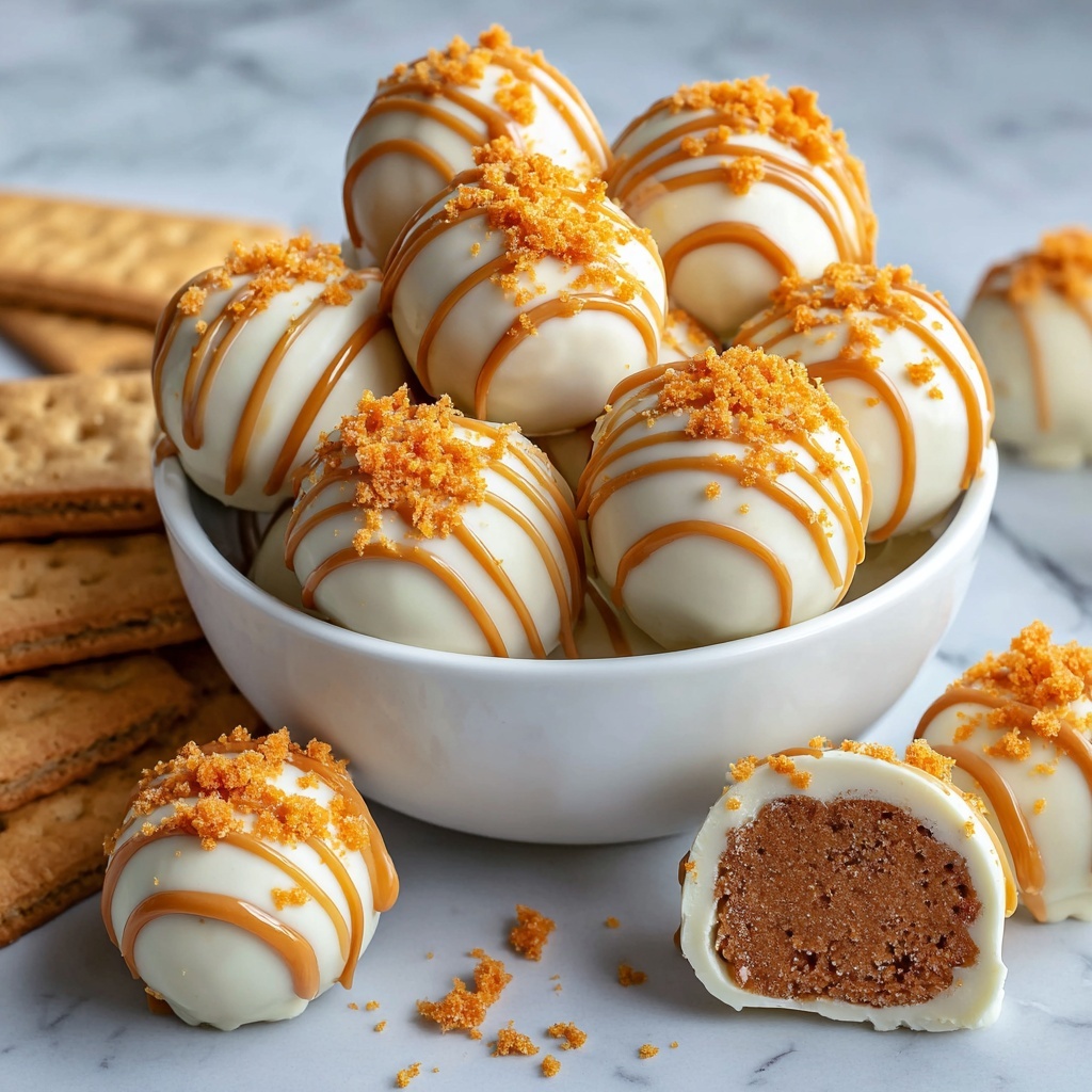A small white bowl filled with round white chocolate-covered balls, each drizzled with caramel-colored syrup in thin stripes and sprinkled with orange cookie crumbs. Around the bowl on a white marbled surface are whole rectangular orange cookies and several more white chocolate balls, some whole and some cut in half to show a smooth, dense, deep orange filling inside. The overall look is bright with a mixture of white, orange, and caramel hues, and the textures show glossy chocolate coating with crumbly cookie bits. Photo taken with an iphone --ar 4:5 --v 7