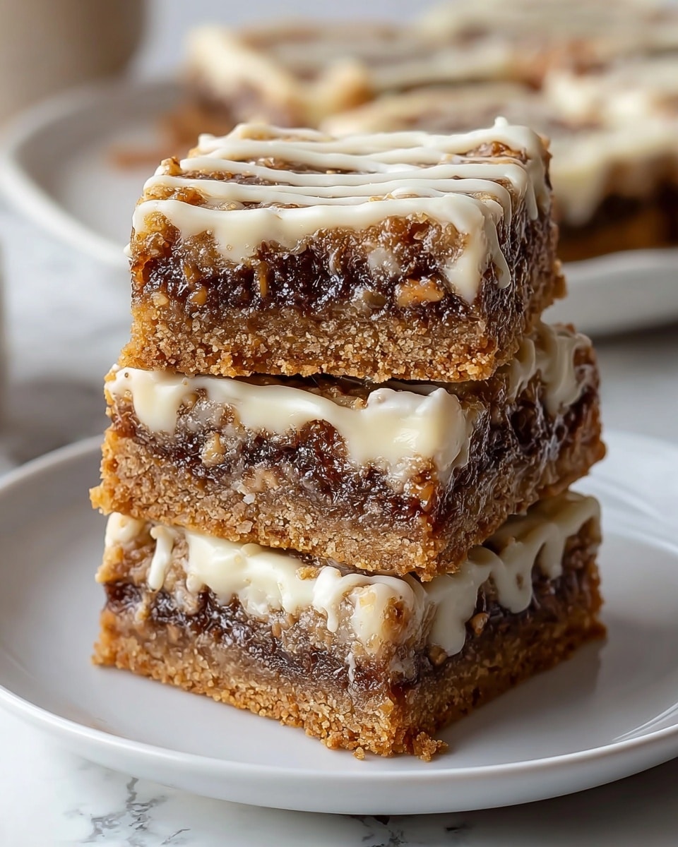 A stack of three square dessert bars is shown on a white plate on a white marbled surface; each bar has three visible layers with the bottom one being a light golden brown crumbly crust, the middle layer a thick, dark brown filling with a sticky, nutty texture, and the top layer a smooth, creamy white glaze that drips slightly down the sides and has thin lines of additional glaze running horizontally across the top bar. The bars look moist, dense, and rich. Photo taken with an iphone --ar 4:5 --v 7
