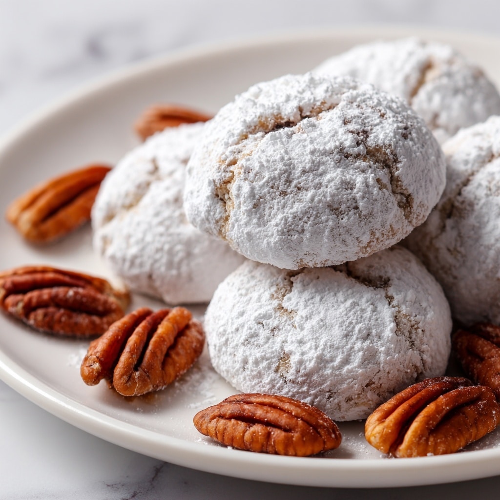 The image shows a close-up of small round cookies covered in white powdered sugar, creating a soft, powdery texture on their surface. The cookies are placed on a white plate, with whole pecans scattered around them, adding a rich brown color and a smooth, ridged texture. The background is a white marbled texture, which contrasts nicely with the warm tones of the pecans and the light tones of the cookies, emphasizing their rough, crinkly surfaces. Photo taken with an iphone --ar 4:5 --v 7