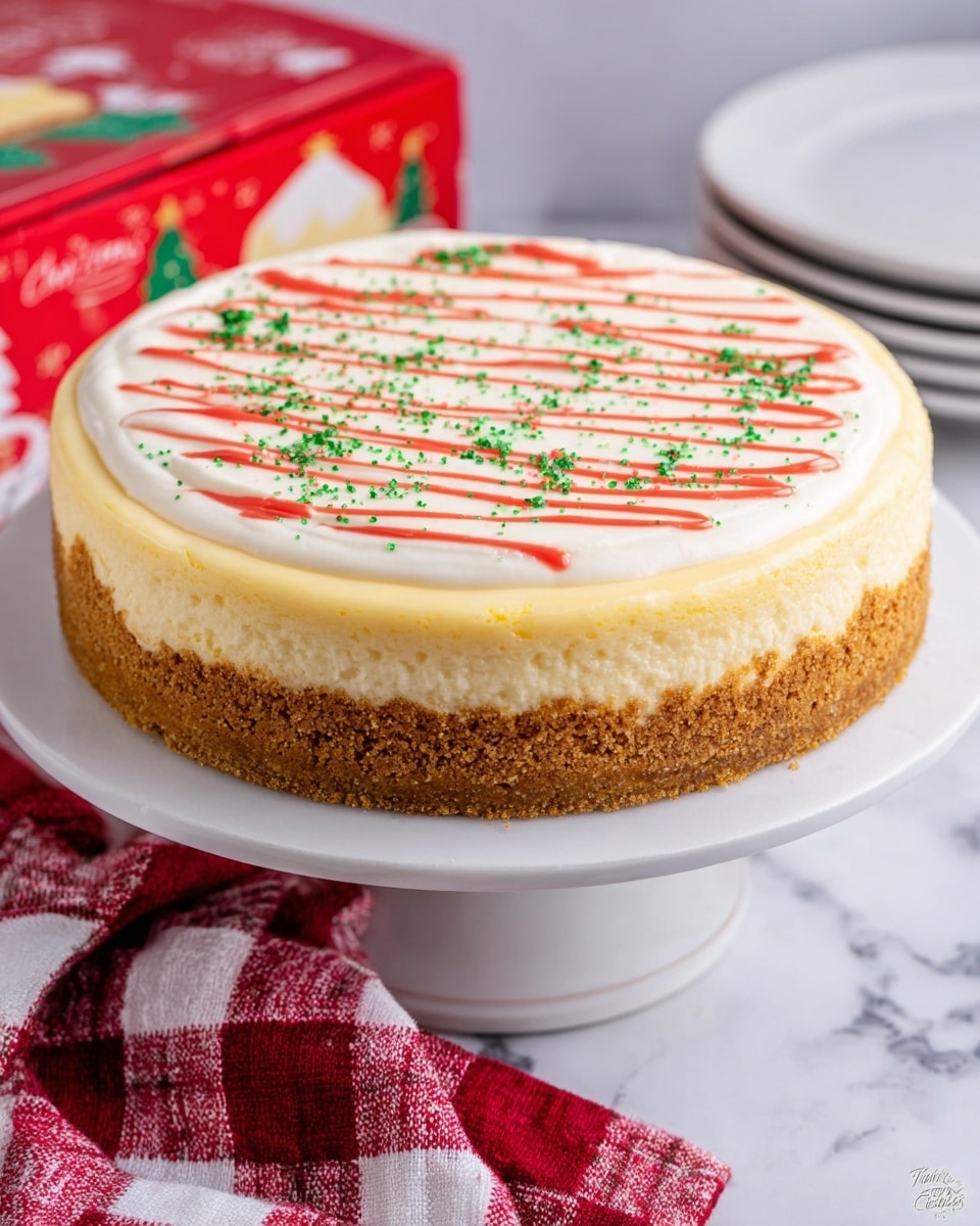 The image shows a round cheesecake with three visible layers: a thick, crunchy golden-brown crust at the bottom, a creamy light yellow middle cheese layer, and a smooth, white top layer decorated with thin, wavy red lines and sprinkled with tiny green specks. The cheesecake sits on a white cake stand, placed on a white marbled surface with a red and white checkered cloth draped nearby. In the background, there is a red Christmas-themed cake box. photo taken with an iphone --ar 4:5 --v 7