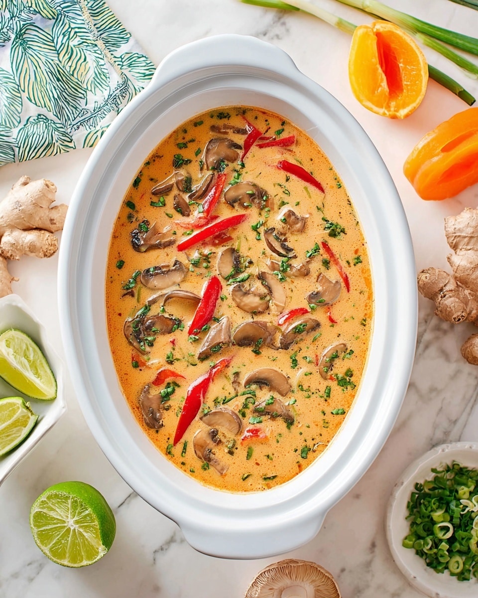 Two white bowls with thin black rims hold a creamy orange soup filled with sliced mushrooms, red bell pepper pieces, shredded chicken, and sprinkled green herbs. Each bowl is topped with a lime wedge and fresh cilantro leaves. The bowls rest on a light brown bamboo mat placed on a white marbled surface, surrounded by fresh mushrooms, lime halves, ginger root, a halved red bell pepper, a soy sauce bottle with a red cap, and a small white bowl of fresh green herbs. A ladle is dipping into a large white pot containing the same soup, showing more mushrooms and vegetables. Near the mat, there is a folded light blue cloth with wooden chopsticks and two spoons resting on it. photo taken with an iphone --ar 4:5 --v 7
