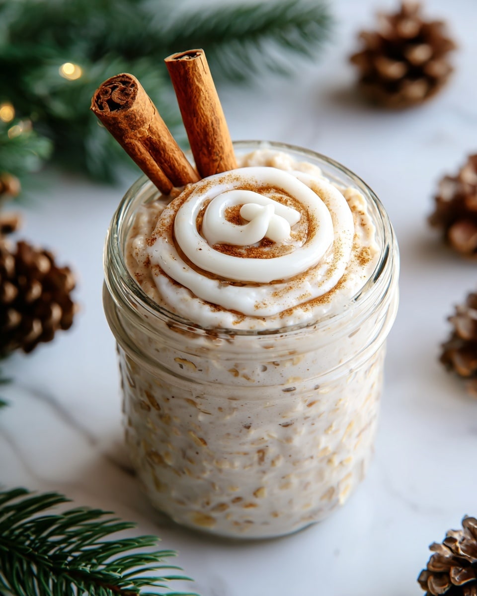 A clear glass jar filled with creamy oatmeal that has a soft beige color with visible small oat grains throughout. On top, there is a swirl of white icing shaped like a small cinnamon roll, placed in the center. Two whole cinnamon sticks lean inside the jar beside the icing swirl. The jar sits on a white marbled surface with blurred green pine branches and brown pine cones scattered around for decoration. Photo taken with an iphone --ar 4:5 --v 7