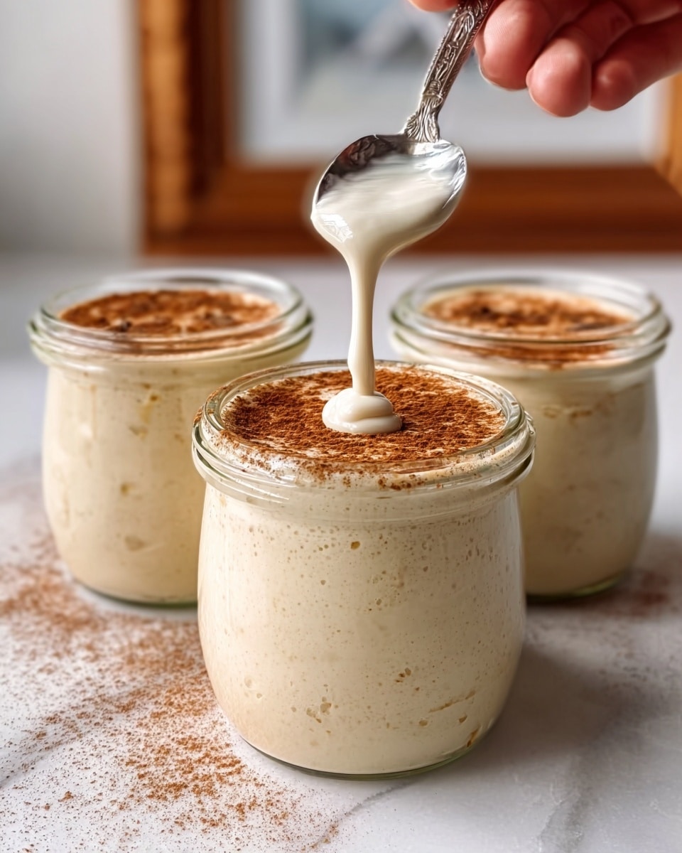 The image shows three small clear glass jars filled with creamy light beige pudding topped with a dusting of brown cinnamon powder. A woman's hand holds a spoon above the nearest jar while a thick white sauce is slowly drizzling from the spoon onto the pudding, creating a smooth swirl on the surface. The jars are placed on a white marbled surface, and there is a brown picture frame blurred in the background. photo taken with an iphone --ar 4:5 --v 7