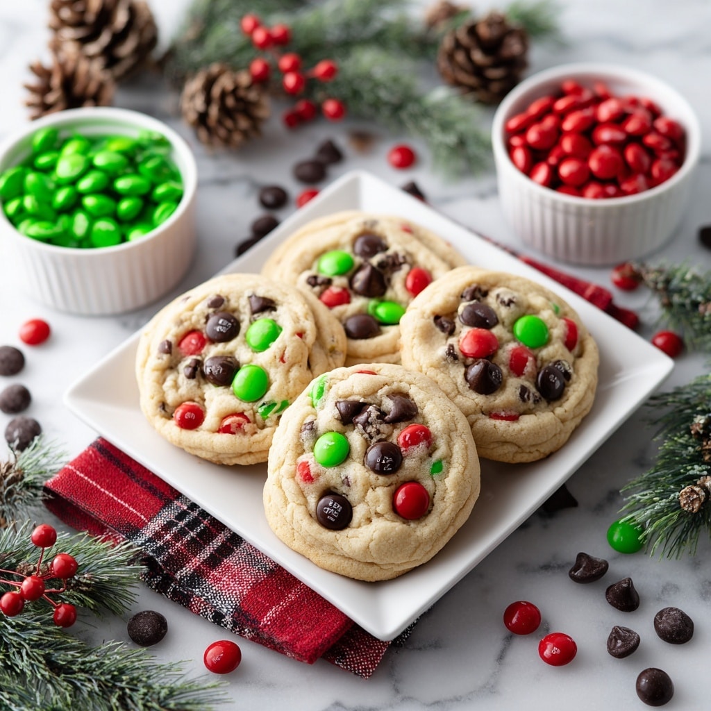 The image shows a close-up of cookie dough scoops on a white tray, each scoop round and filled with bright red and green candy pieces scattered throughout the pale beige dough. The dough texture looks soft with small chocolate chunks mixed in. A woman's hand is holding a metal ice cream scooper lifting one dough scoop from the tray, showing the dough slightly clumped and chunky. The background has a blurred white marbled surface with a glass bowl of more colorful candies visible. The scene focuses on the dough scoops arranged neatly on the tray, ready for baking, with soft natural light highlighting their colors and texture. Photo taken with an iphone --ar 4:5 --v 7