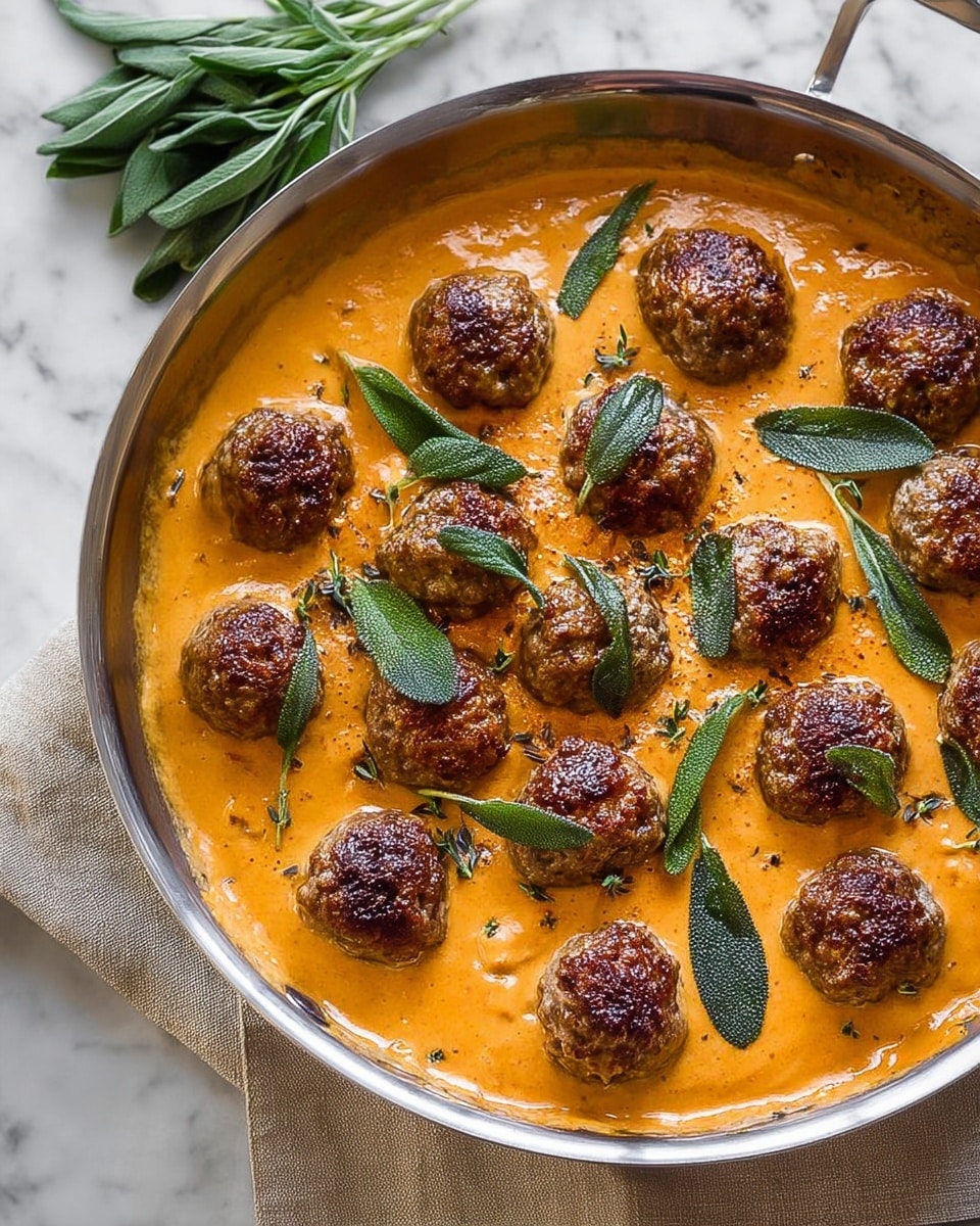 The image shows a close-up of an oval-shaped white plate filled with small, white gnocchi at the base, topped with thick, creamy orange pumpkin sauce spread unevenly over the pasta. On top, there are vibrant green sage leaves scattered, and in the center is a single, round, brown meatball with a crispy texture and garnished with fresh green herbs and a sage leaf. A silver fork is placed in the sauce next to the meatball. The plate sits on a white marbled surface with a few fresh sage leaves beside it. Photo taken with an iphone --ar 4:5 --v 7
