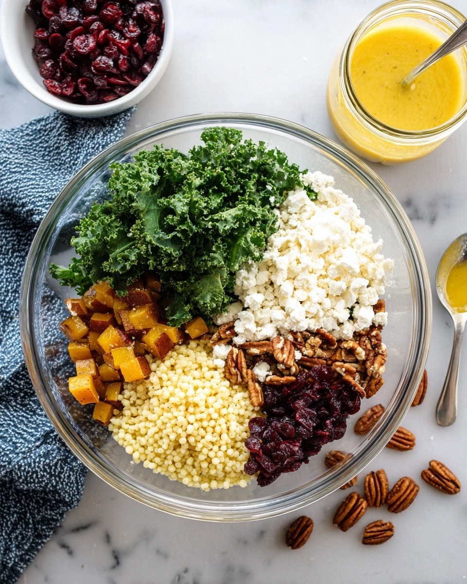 A clear glass bowl on a white marbled surface holds six distinct layers: bright green curly kale in the top center, white crumbly cheese to the right, toasted brown pecans directly below the cheese, golden brown spiced roasted cubes near the bottom center, small pale yellow round couscous on the bottom left, and dark red dried cranberries beside the couscous at the top left. Scattered pecans and cranberries are on the surface around the bowl, with a jar of yellow salad dressing with a spoon on the right and a small white bowl of dried cranberries in the top left corner. A blue and white textured cloth is partially visible near the bottom left. photo taken with an iphone --ar 4:5 --v 7