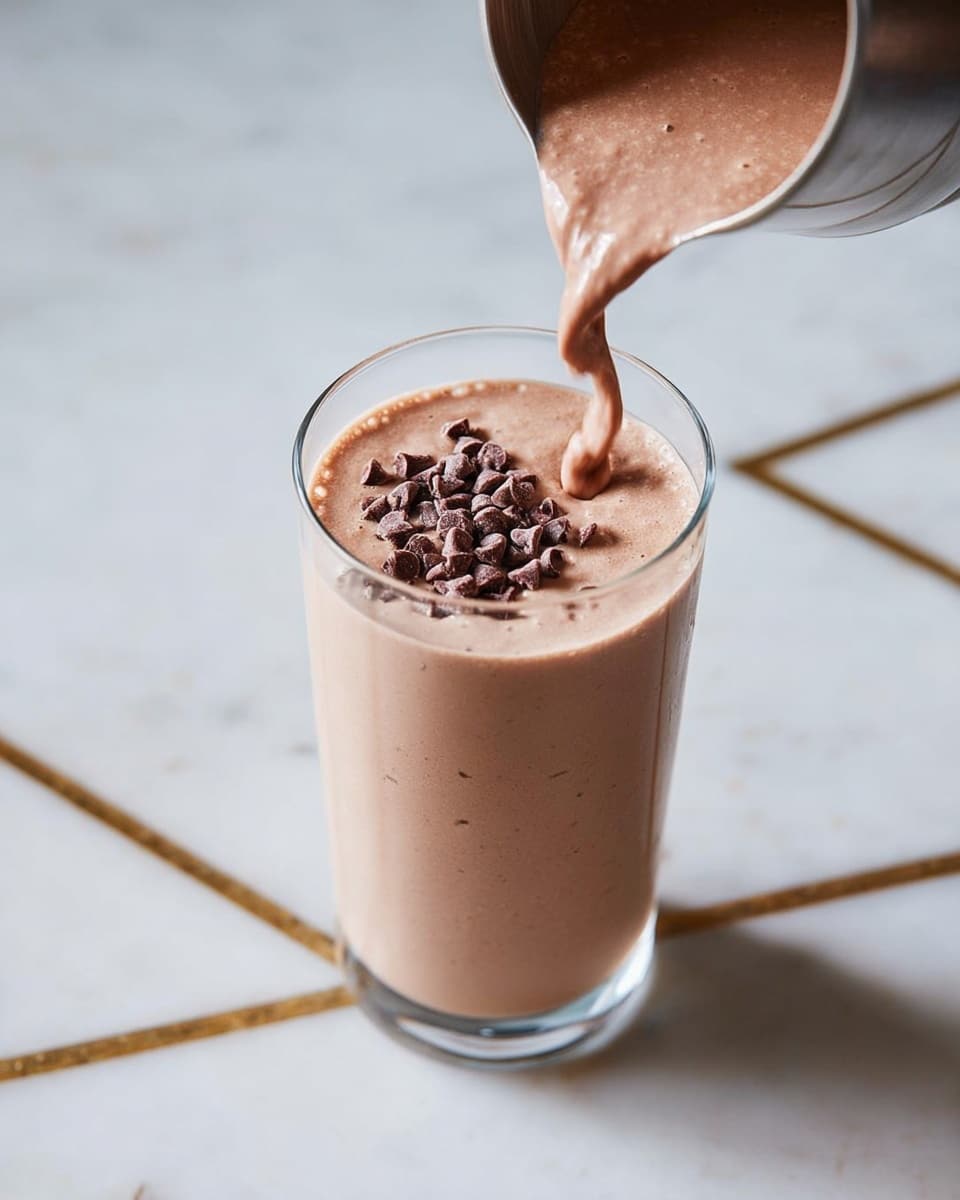 A clear glass holds a thick light brown milkshake with darker vertical streaks inside. On top, there is a large swirl of white whipped cream layered generously. The whipped cream is drizzled with smooth golden caramel sauce and covered with small round chocolate chips scattered all over. The glass sits on a round white plate placed on a white marbled surface with light brown veins. photo taken with an iphone --ar 4:5 --v 7