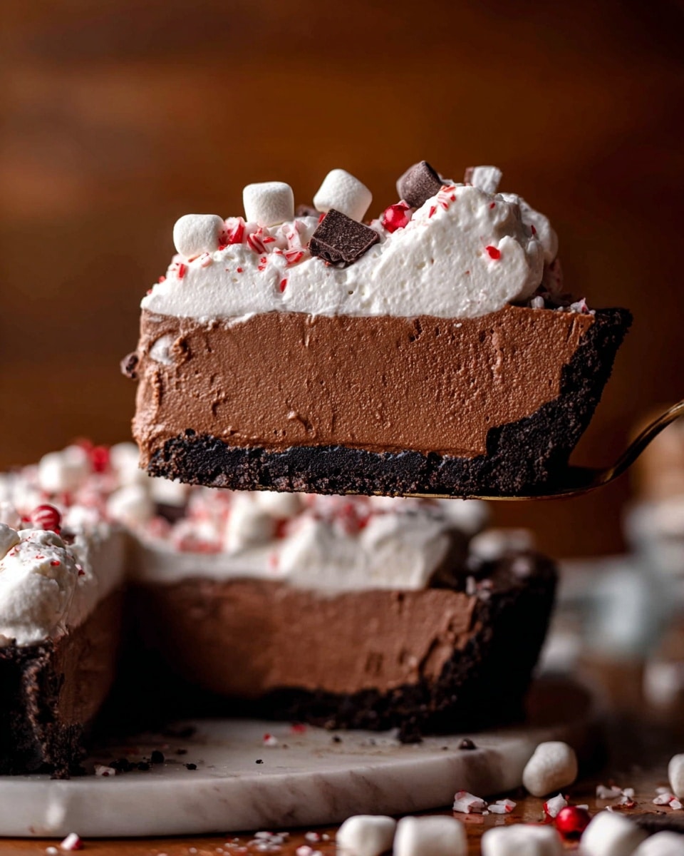 A slice of pie with three layers sits on a white speckled plate on a white marbled surface. The bottom layer is a dark chocolate crust, thick and crumbly, wrapping around the pie's edge. The middle layer is a smooth, thick chocolate mousse, dense and rich with a deep brown color. The top layer is a thick, fluffy white cream with small dollops on the side, mixed with tiny chocolate chips and bits of crushed red and white candy cane. A silver fork lies on the plate near the pie, with mini marshmallows scattered around on the white marbled background, and also a green pine branch and a white snowman mug blurred in the background. photo taken with an iphone --ar 4:5 --v 7