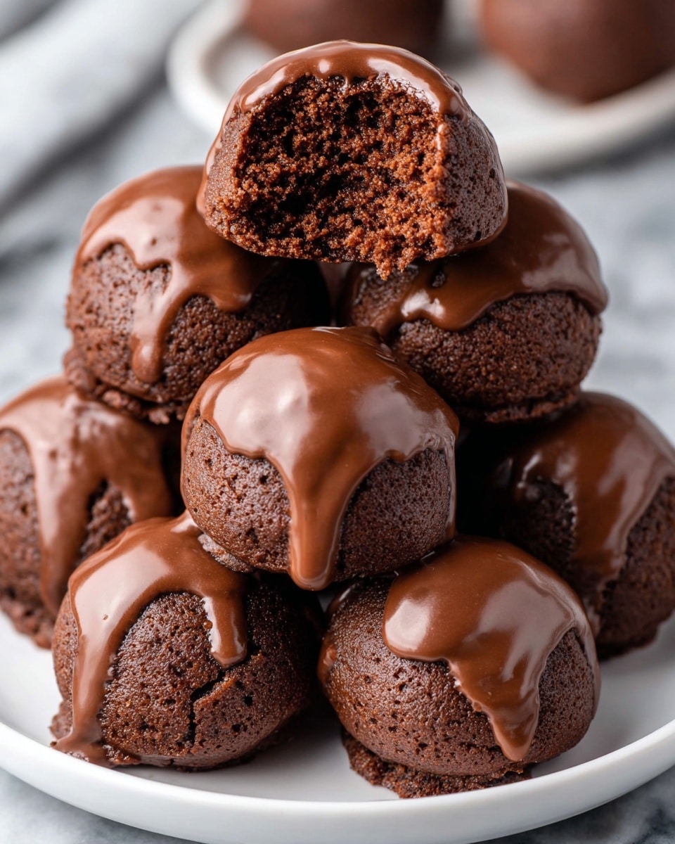 A close-up of a stack of two layers of round chocolate cake balls on a white marbled surface, each ball covered with a smooth, shiny layer of melted chocolate that drips down the sides. The top ball is bitten to show a soft, moist dark brown interior textured with small air holes, sitting centered on the layer below. The chocolate coating glistens under soft light, creating rich highlights and shadows that define the round shapes and dripping edges. photo taken with an iphone --ar 4:5 --v 7