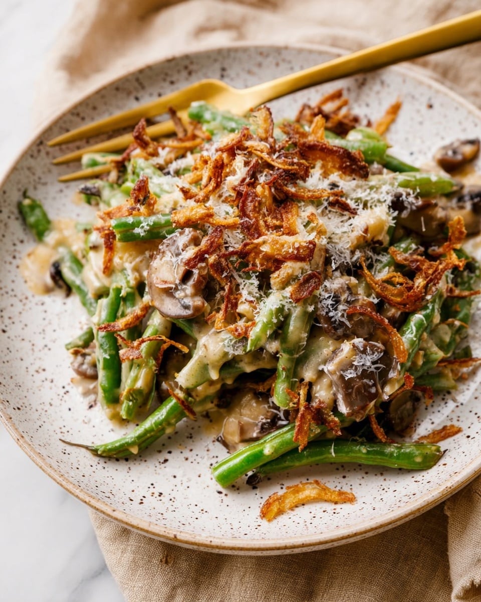A large black pan filled with green beans coated in a thick creamy sauce, topped with thin crispy golden-brown fried onions and scattered white grated cheese. Light brown mushrooms are mixed within the green beans. A large golden ladle rests inside the pan on the right side, scooping some of the dish. The surface under the pan is a white marbled texture with a small brown bowl filled with fried onions partly visible at the bottom. photo taken with an iphone --ar 4:5 --v 7