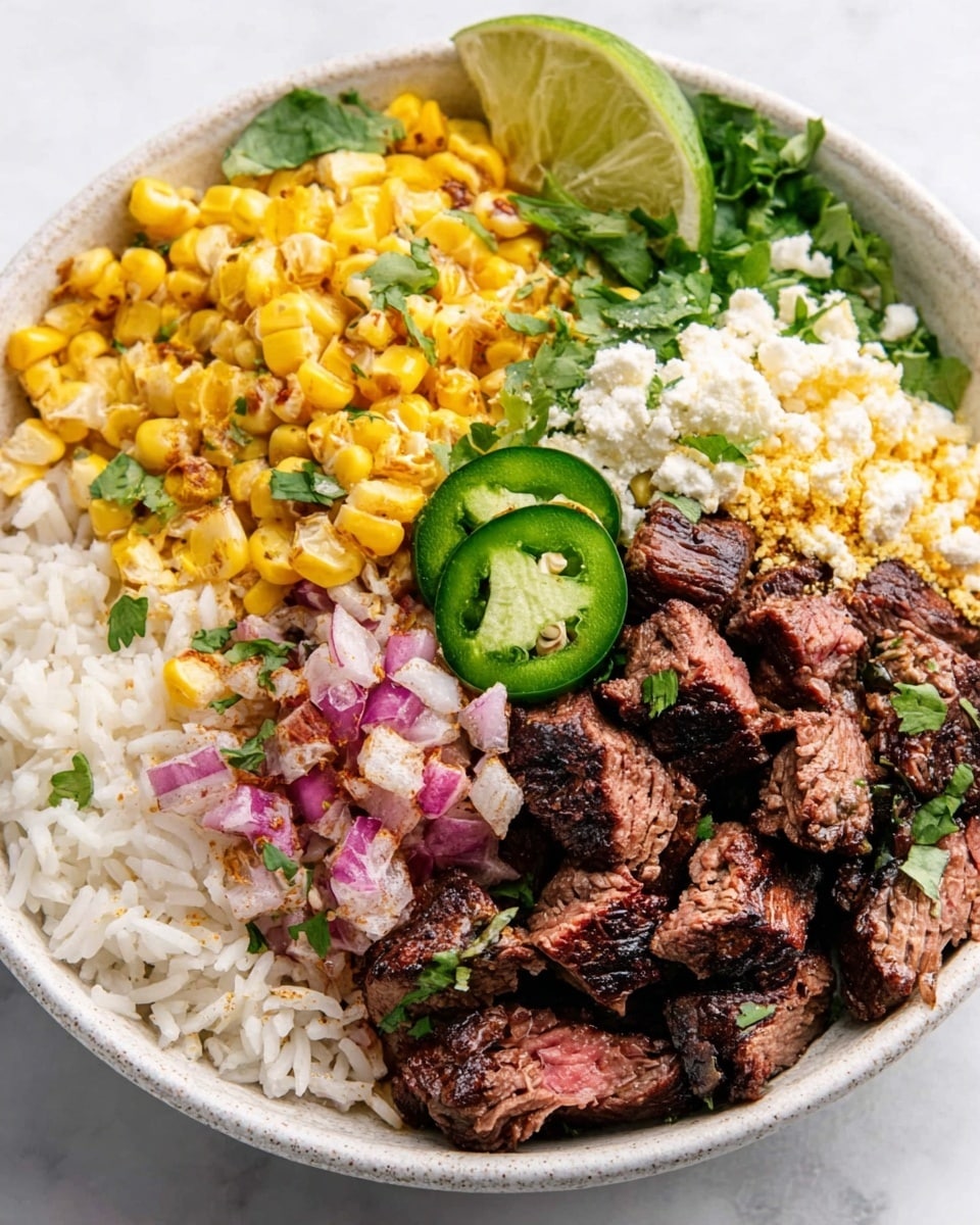 A white bowl filled with four main layers arranged side by side: on the left is a layer of cooked white rice with a fluffy texture, next to it is a layer of golden grilled corn kernels, then a layer of chopped grilled steak with a slightly charred, juicy look and a deep brown color, and finally a mix of finely chopped red onions and sprinkled white cheese on top. Garnishing the bowl are fresh green cilantro leaves, a light green lime wedge on the top side, and a sliced green jalapeño pepper placed near the middle. The bowl is set on a white marbled texture background. Photo taken with an iphone --ar 4:5 --v 7