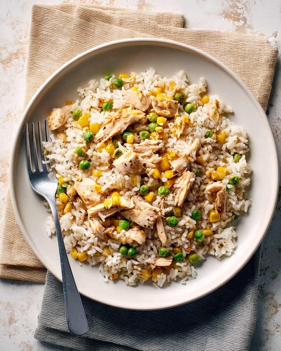 A white plate filled with a mixed dish of cooked white rice, shredded light brown chicken pieces, small yellow corn kernels, and green peas, all mixed together and lightly seasoned with specks of black pepper visible throughout. The plate sits on top of two folded cloth napkins, one beige and one gray, placed over a white marbled textured surface. A silver fork is placed to the left of the plate. photo taken with an iphone --ar 4:5 --v 7