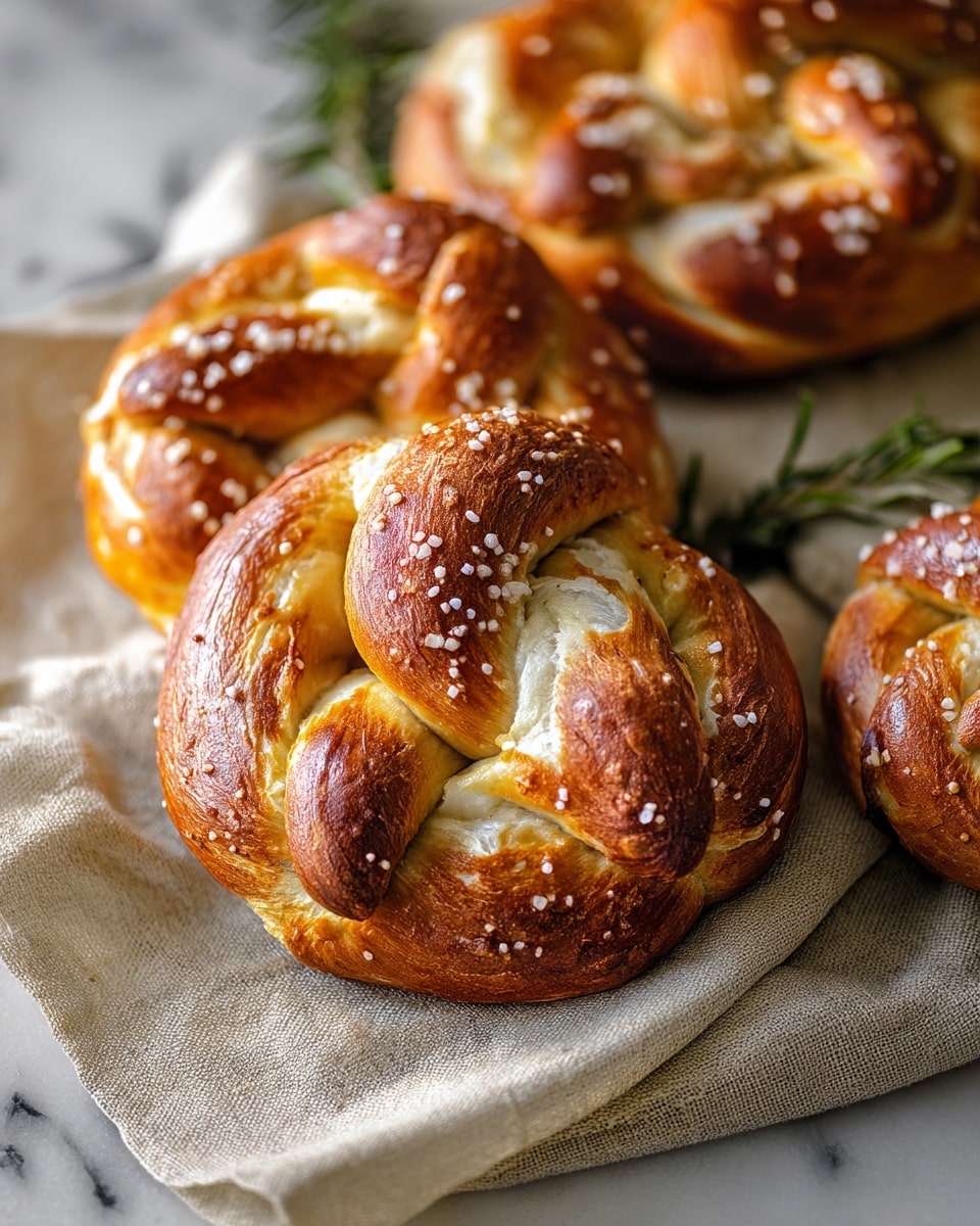 The image shows a stack of soft pretzels with a shiny, deep brown crust and coarse salt crystals sprinkled on top. Each pretzel is twisted into a classic knot shape with visible layers of golden brown dough and a slightly puffed texture. The middle pretzel on top has melted cheese oozing out from its center, topped with small herb sprigs and coarse salt. The pretzels rest on brown paper, set against a white marbled textured surface. A few fresh green rosemary sprigs peek out from the sides, adding a pop of color. photo taken with an iphone --ar 4:5 --v 7
