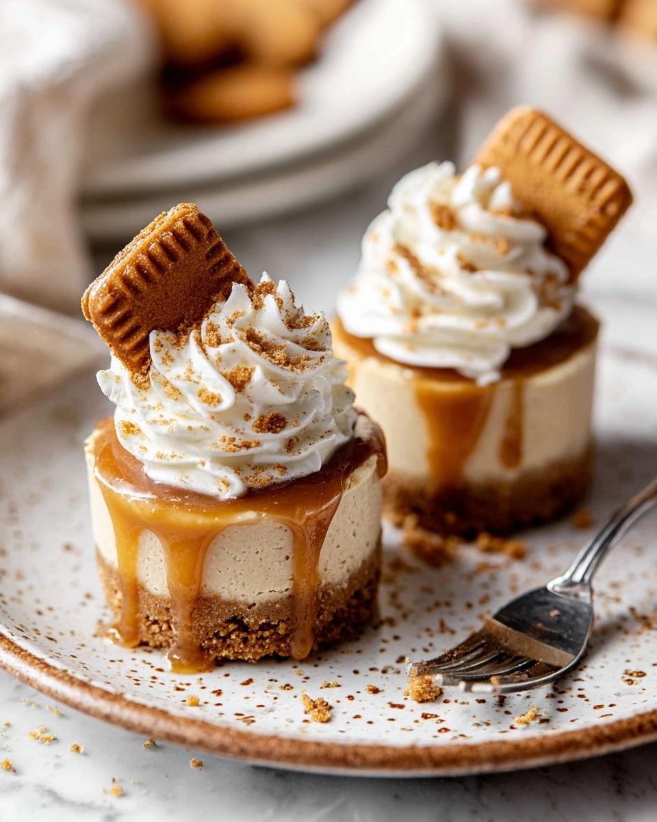 Two small cheesecake bites sit on a white plate with speckled brown edges, placed on a white marbled surface. Each cheesecake has three layers: a crumbly brown crust at the bottom, a light beige creamy middle layer, and a smooth, shiny caramel layer dripping slightly down the sides. On top of the caramel is a swirl of white whipped cream, sprinkled with small brown crumbles. One cheesecake has a square caramel-colored cookie inserted at an angle into the cream. Crumbs are scattered on the plate and surface, with a fork resting beside the dessert in the background. Photo taken with an iphone --ar 4:5 --v 7
