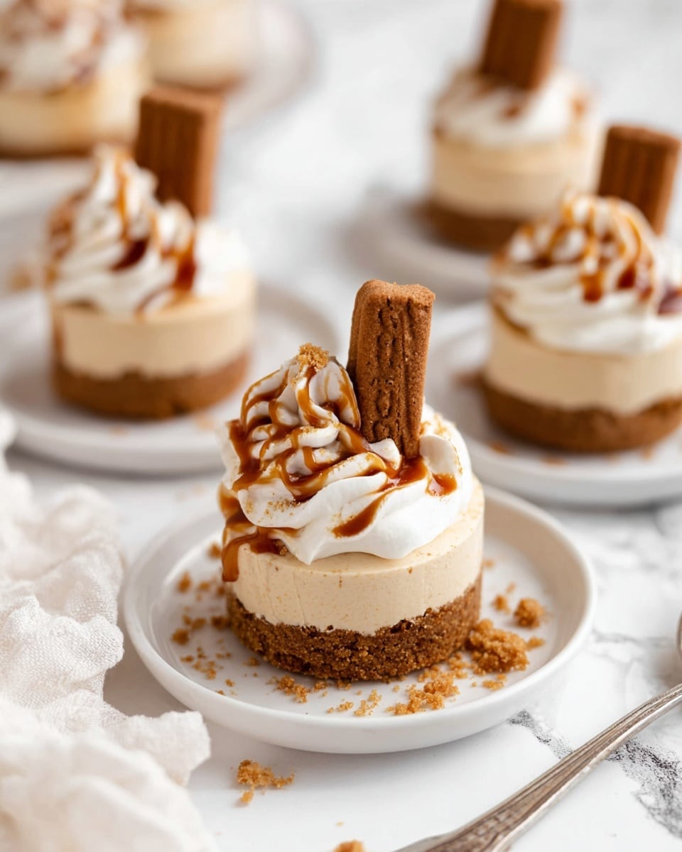 A small dessert with three visible layers: the bottom layer is a crumbly light brown cookie crust, the middle layer is a smooth beige cream, and the top layer is white whipped cream with swirls of brown caramel sauce. A whole rectangular brown cookie is pressed vertically into the whipped cream on top, and there are scattered cookie crumbs on the white plate beneath the dessert. The dessert is set on a white marbled surface, with part of a spoon and soft white cloth visible in the foreground. Other similar desserts on white plates appear blurred in the background. Photo taken with an iphone --ar 4:5 --v 7