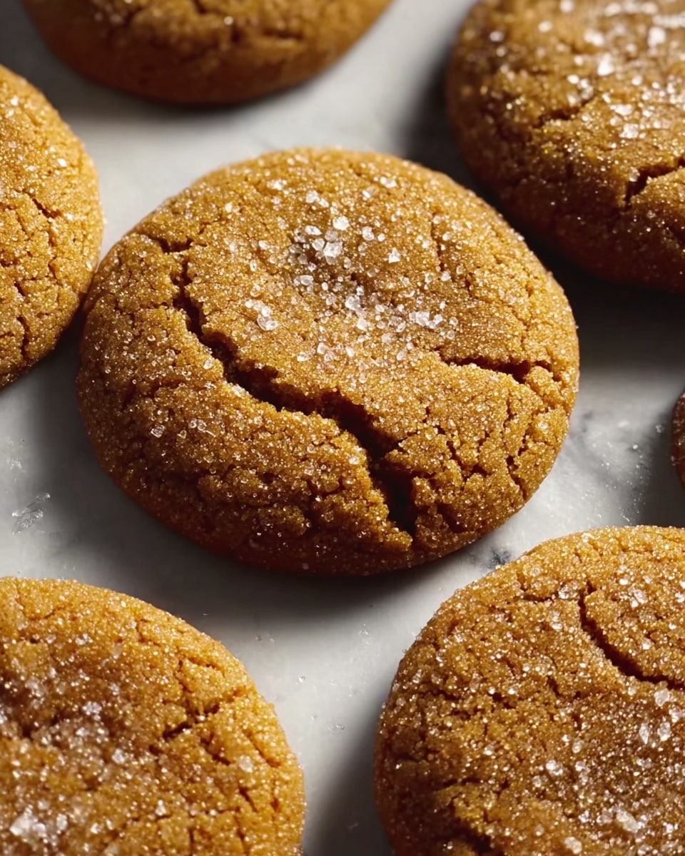 The image shows a close-up of round, golden brown cookies with a cracked surface and a sprinkle of coarse sugar crystals on top. There are at least five cookies arranged randomly on a white marbled textured surface with slight shadows, showing their thickness and soft texture. The warm light highlights the sugary sparkle and the cozy, freshly baked look of the cookies. Photo taken with an iphone --ar 4:5 --v 7