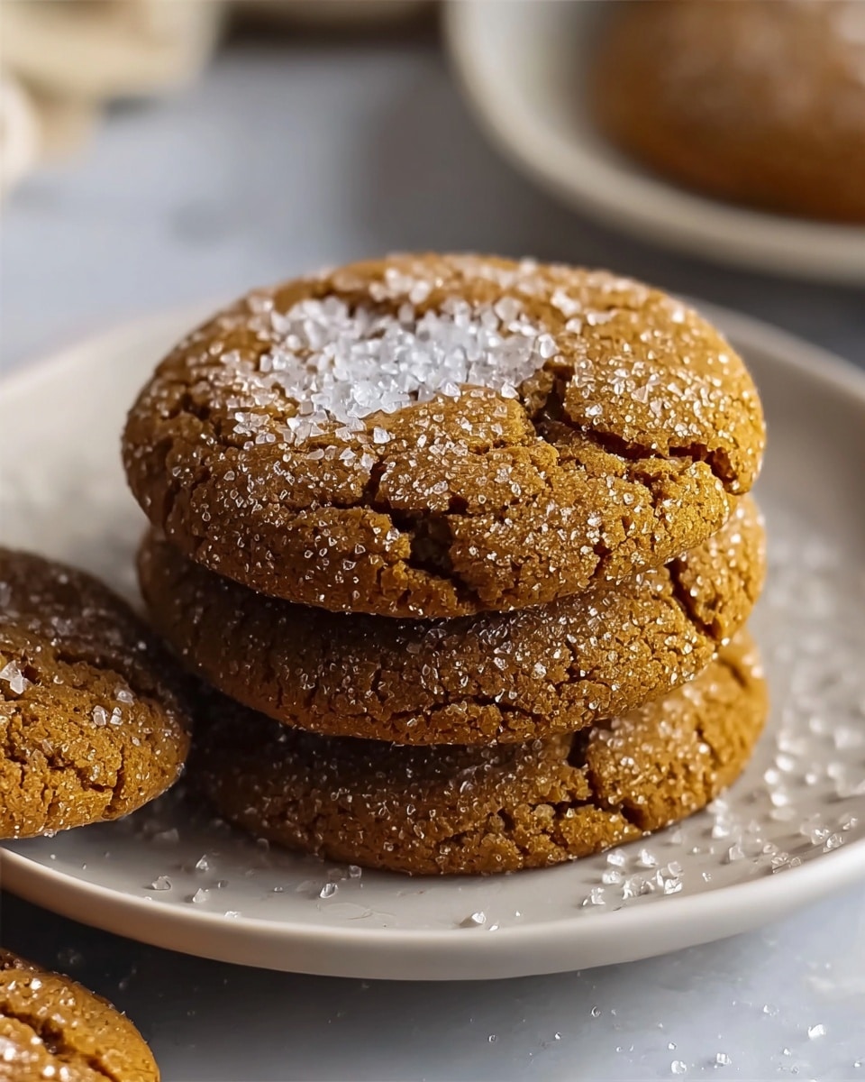A close-up image showing a stack of three round, lightly cracked brown cookies with a coarse sugar crust on top, with some sugar crystals sprinkled around on a white plate. The cookies have a crumbly texture with visible cracks and a golden-brown color. Part of one cookie is visible at the bottom left corner, lying flat on the plate, and a bowl with white granulated sugar is placed on the right edge of the frame. The background is a white marbled texture. photo taken with an iphone --ar 4:5 --v 7