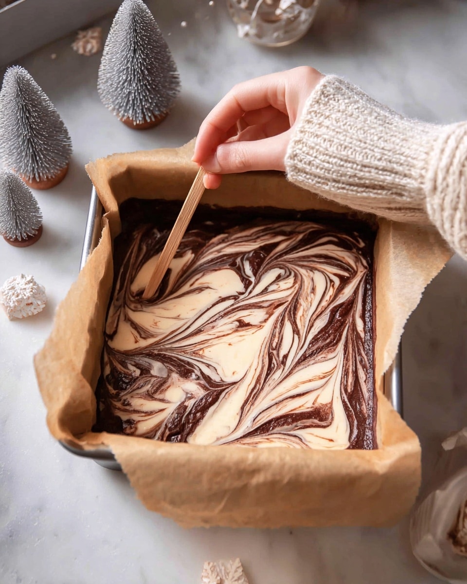 The image shows a close-up of several squares of peppermint bark stacked on a white marbled surface. Each square has three visible layers: a thick bottom layer of dark brown chocolate with swirls of creamy white chocolate, a middle layer of solid white chocolate, and another thin top layer of dark chocolate. The bark is topped with crushed pieces of red and white peppermint candy, adding a rough and colorful texture. The edges of the squares are clean and sharp, and the focus is on the top piece, which is slightly lifted, showing the swirled pattern inside. Photo taken with an iphone --ar 4:5 --v 7