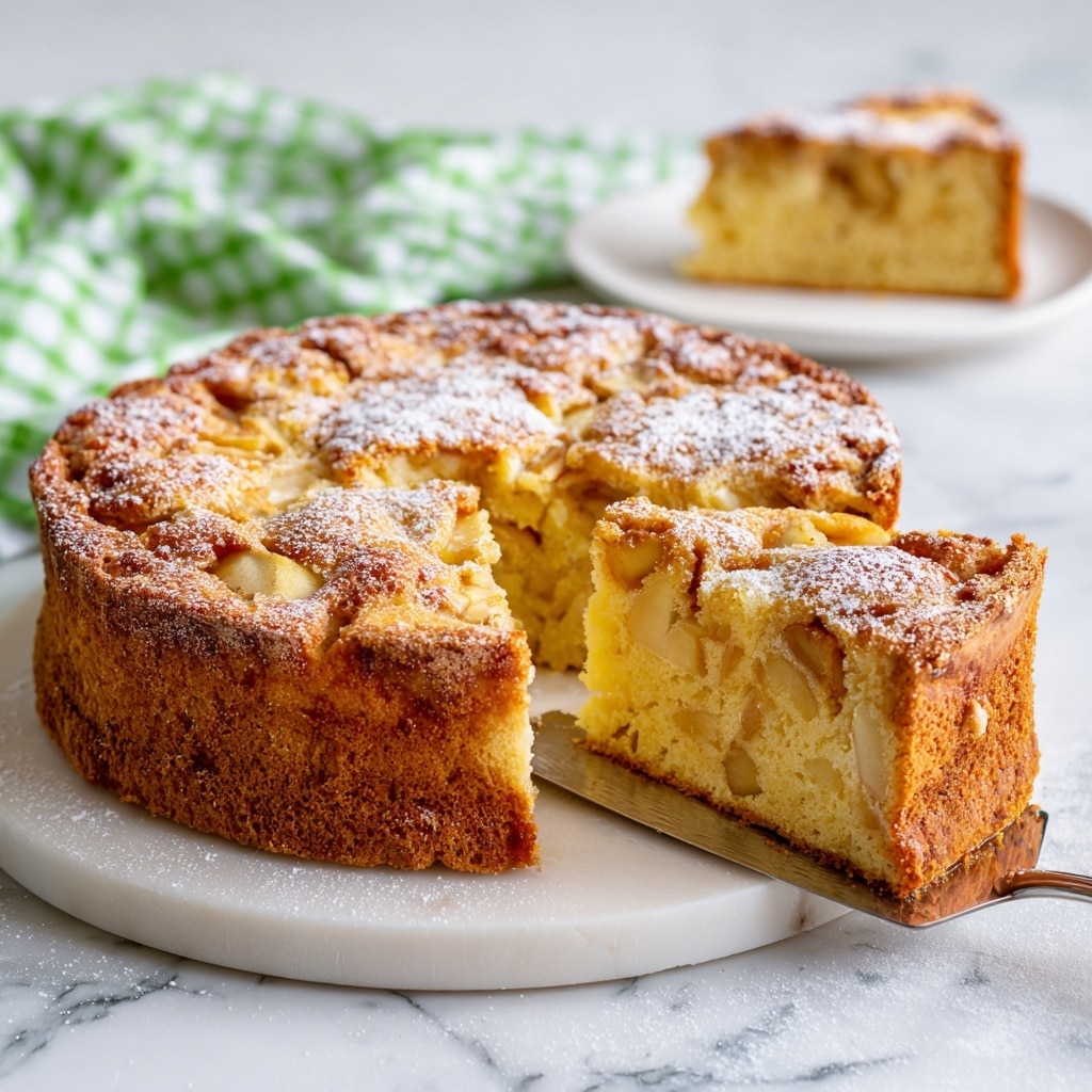 A slice of apple cake is lifted above the rest of the round cake on a white plate, showing three layers inside: the bottom layer is golden brown crust, the middle thick layer is soft and pale yellow with chunks of light yellow apple pieces, and the top layer is a golden crust sprinkled with white powdered sugar with a textured surface. The whole cake is dusted lightly with powdered sugar on a white marbled surface. photo taken with an iphone --ar 4:5 --v 7