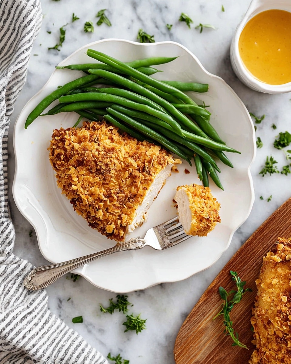 Four pieces of crispy baked chicken with a golden-brown, crumbly crust topped with small green herb bits lie on a dark baking tray. To the right, there is a small white bowl filled with smooth, orange dipping sauce with swirled texture inside. Below that bowl, a smaller white bowl holds bright green chopped herbs. Fresh green parsley leaves are placed on a white marbled surface next to the tray. A wooden spatula rests on a gray striped cloth at the tray’s lower left corner. The whole setting is bright and clean. photo taken with an iphone --ar 4:5 --v 7