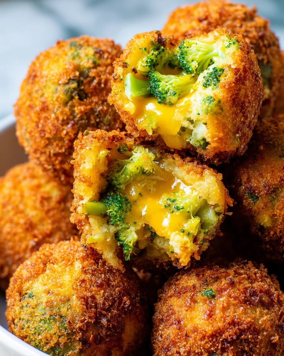 A dark round plate filled with about ten golden brown, crispy broccoli cheese balls, with one ball broken open on top revealing melted cheese and small broccoli pieces inside; small bright green broccoli florets are placed around the balls. In the background, there is a white bowl with a red rim containing red and yellow crushed chili flakes, and a black bowl filled with thick bright orange dipping sauce. The whole scene is set on a white marbled texture with a dark cloth partially visible. Photo taken with an iphone --ar 4:5 --v 7