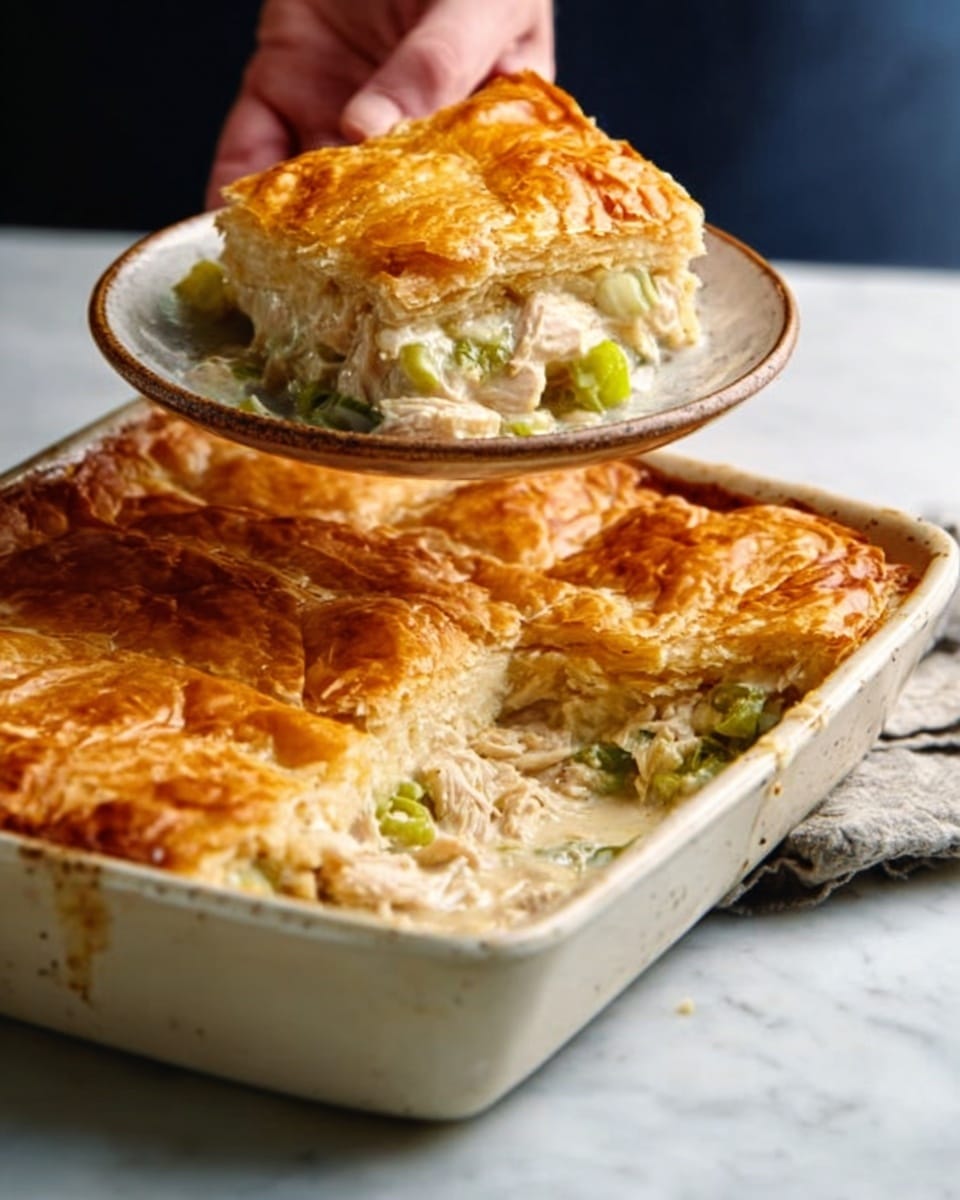 The image shows a white baking dish filled with a golden-brown baked casserole that has a flaky, crispy top layer. A woman’s hand is lifting a large, square piece from the dish onto a white plate with food already spread on it. The casserole layers inside appear creamy and chunky with visible pieces of chicken and green vegetables, likely celery, mixed into a smooth sauce. The white marbled surface beneath the dish and plate contrasts with the warm tones of the casserole. Photo taken with an iphone --ar 4:5 --v 7