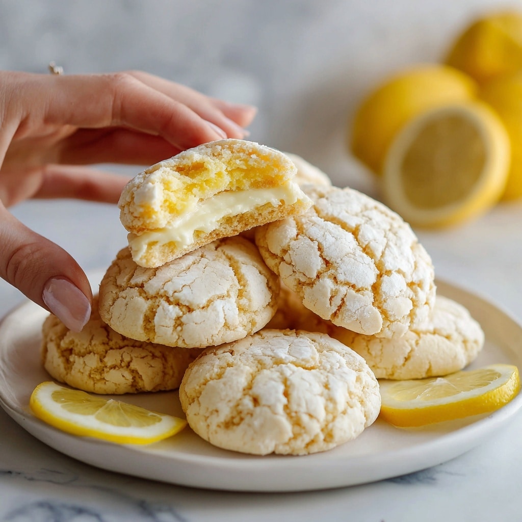 A white plate piled with soft, golden brown cookies that have a cracked surface, showing a slightly chewy texture. One cookie is cut in half and placed on top to reveal a creamy white filling inside, with some crumbs scattered around it. The background is a white marbled texture, giving a clean and bright look. A woman's hand places one cookie on the pile, adding a natural touch to the scene. photo taken with an iphone --ar 4:5 --v 7