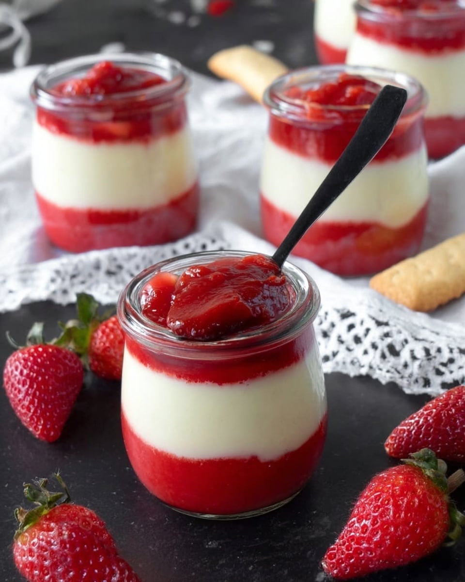 Two glass jars filled with a dessert showing three clear layers: the bottom layer is chunky red strawberry pieces, the middle layer is a thick, smooth creamy beige pudding, and the top layer is a bright red strawberry sauce. Each jar is topped with a fresh whole strawberry and a small green mint leaf. The jars sit on a round black textured board placed on a white marbled surface. Around the jars are halved fresh strawberries, a silver spoon, white flowers, and a soft gray-blue cloth. photo taken with an iphone --ar 4:5 --v 7