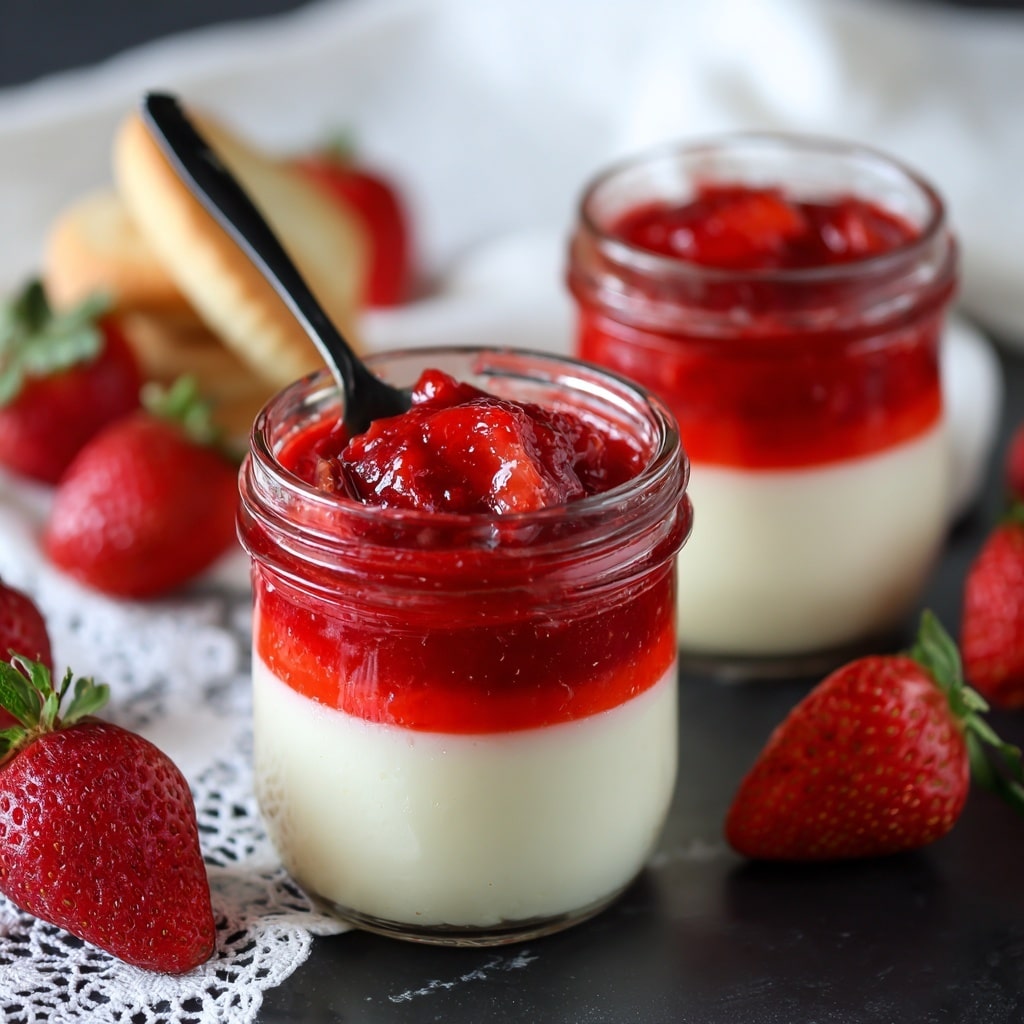 The image shows three small clear glass jars filled with a layered dessert. Each jar has three layers: a bottom layer of smooth red strawberry puree, a middle layer of thick creamy white custard, and a top layer of chunky red strawberry sauce. One jar in the front has a black spoon inside, digging into the top red layer. The jars sit on a black surface with scattered fresh whole strawberries around them, along with a white cloth with lace. In the background, a few more jars and a finger biscuit are visible. The surface is changed to a white marbled texture with the jars placed closely together. Photo taken with an iphone --ar 4:5 --v 7