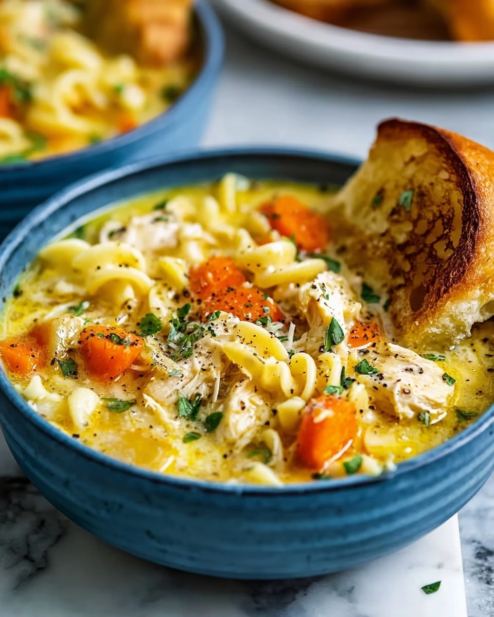 A close-up view of a blue bowl filled with creamy chicken noodle soup sitting on a white marbled surface. The soup has several layers: a bottom layer of thick yellow broth, a middle layer of tender broken pieces of white chicken meat and large bright orange carrot chunks, and small curly noodles scattered evenly throughout. On top, fresh green herbs and black pepper flakes are sprinkled, adding texture and color contrast. A piece of toasted bread with a golden crust is placed resting inside the bowl on the right side. The background is softly blurred with hints of another white bowl and brown bread. photo taken with an iphone --ar 4:5 --v 7