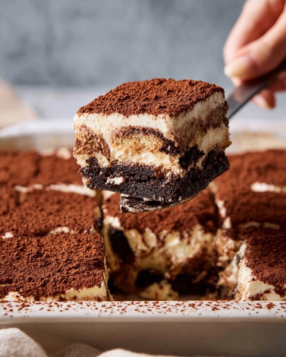 A square piece of dessert is being lifted with a spoon held by a woman's hand. The dessert has three layers: a dark brown chocolate cake base with a dense texture, a middle light brown creamy layer with visible cookie pieces, and a top thick white creamy layer dusted heavily with cocoa powder. The dessert is in a white rectangular baking dish with more pieces inside. The surface under the dish has a white marbled texture. The photo is taken close-up, showing fine details of the creamy and cocoa powder layers. photo taken with an iphone --ar 4:5 --v 7