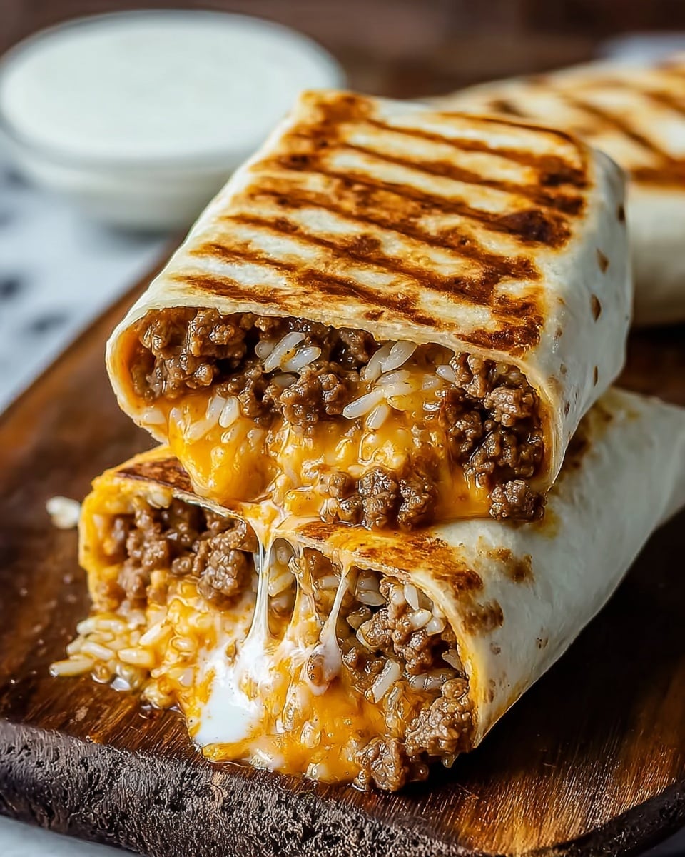 The image shows a grilled wrap cut open to reveal three visual layers stacked together: the top and bottom layers are a toasted, golden brown flour tortilla with distinct grill marks, slightly crispy on the outside, wrapped around the filling; inside, the middle layer consists of juicy ground beef with a rich brown color mixed with melted cheese that is both orange and white, stretching and oozing out as the wrap is pulled apart; small bits of white rice are mixed with the beef and cheese, adding texture and filling the wrap evenly. The wrap rests on a rough wooden surface with a small bowl of white sauce slightly blurred in the background, all set on a white marbled texture. photo taken with an iphone --ar 4:5 --v 7