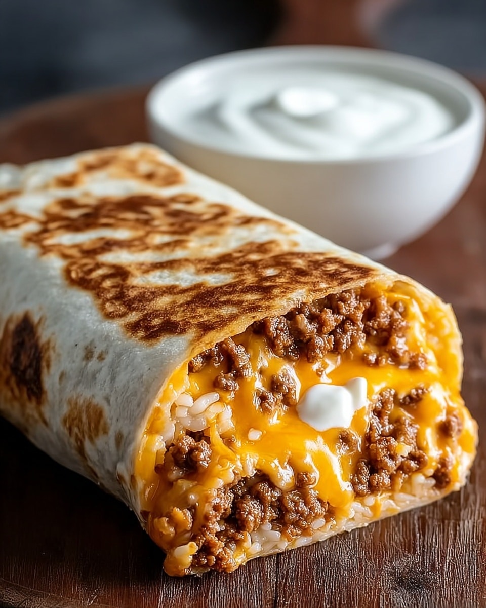 A close-up image of a large burrito cut in half, showing three main layers inside: the bottom layer is soft white rice mixed with well-cooked brown ground beef, the middle layer has a generous amount of melted bright orange cheddar cheese thickly covering the beef, and the top layer is a small amount of white sour cream peeking through the cheese. The burrito is wrapped tightly in a light brown toasted flour tortilla with visible charcoal-like grill marks on the surface. The burrito rests on a white marbled textured surface. Behind it, a white bowl filled with sour cream is slightly blurred. Photo taken with an iphone --ar 4:5 --v 7