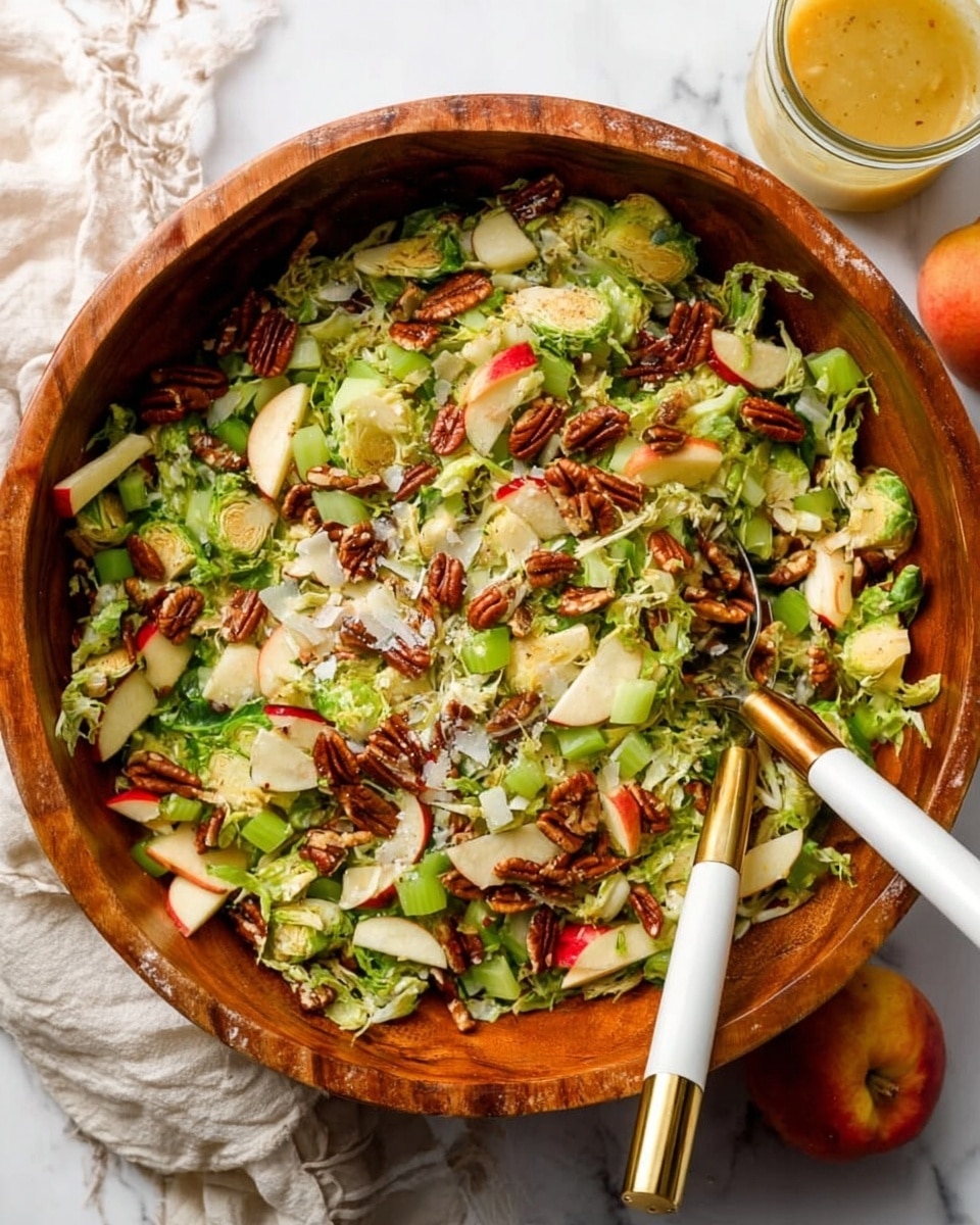 A wooden bowl filled with a fresh salad showing several layers. The base layer is finely shredded green Brussels sprouts mixed with diced pale green celery and small chunks of red apple. On top, there are browned, halved Brussels sprouts with a slightly crispy texture, mixed with chopped toasted pecans and thin white flakes of cheese scattered across the bowl. A white-handled fork is stuck into the side of the salad, on the right. The bowl rests on a beige cloth napkin over a white marbled surface, with a glass of golden yellow dressing and a whole peach placed blurred in the upper right corner. Photo taken with an iphone --ar 4:5 --v 7
