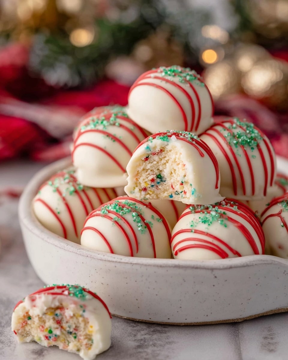 The image shows a white round plate filled with nine white spherical cookies, each decorated with thin red icing stripes wrapped diagonally around them and sprinkled with small green sugar crystals. One cookie is broken in half at the top right of the plate, revealing soft white inside. The plate is placed on a white marbled surface with some soft lighting and a blurred festive background. Photo taken with an iphone --ar 4:5 --v 7