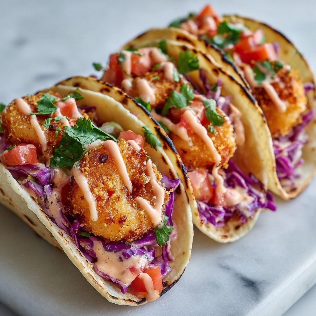 The image shows a close-up of soft corn tortillas on a white marbled surface, each topped with a colorful mix of shredded green and purple cabbage and thin orange carrot strips forming the first layer, followed by crispy golden-orange battered shrimp pieces with a creamy sauce as the second layer, and finishing with small diced red and orange tomatoes and fresh green cilantro sprinkled on top. The tacos are arranged close together, highlighting the rich textures and vibrant colors of the ingredients. Photo taken with an iphone --ar 4:5 --v 7