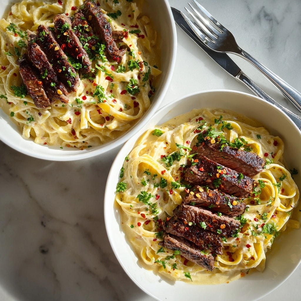 A white bowl filled with creamy fettuccine pasta coated in a smooth, light yellow cheese sauce, sprinkled with small green parsley bits throughout. On top, there are several slices of grilled steak arranged in a rough circle, showing a rich brown color with char marks and a juicy texture. The steak is garnished with grated parmesan cheese and finely chopped herbs. The dish is placed on a white marbled surface. photo taken with an iphone --ar 4:5 --v 7
