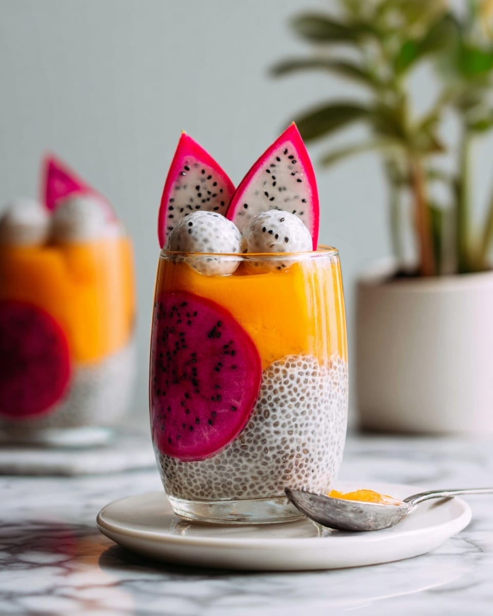 A clear glass shows three main layers: the bottom layer is white chia pudding speckled with black seeds, filled with a large round slice of white dragon fruit with red edges pressed against the glass; the middle layer is bright orange mango puree, smooth in texture; the top layer has small white dragon fruit balls with black seeds, with two triangular slices of dragon fruit placed behind the glass. The glass sits on a white marbled surface, with a white spoon holding some chia pudding beside it, and a blurred green plant in a white pot in the background. Photo taken with an iphone --ar 4:5 --v 7