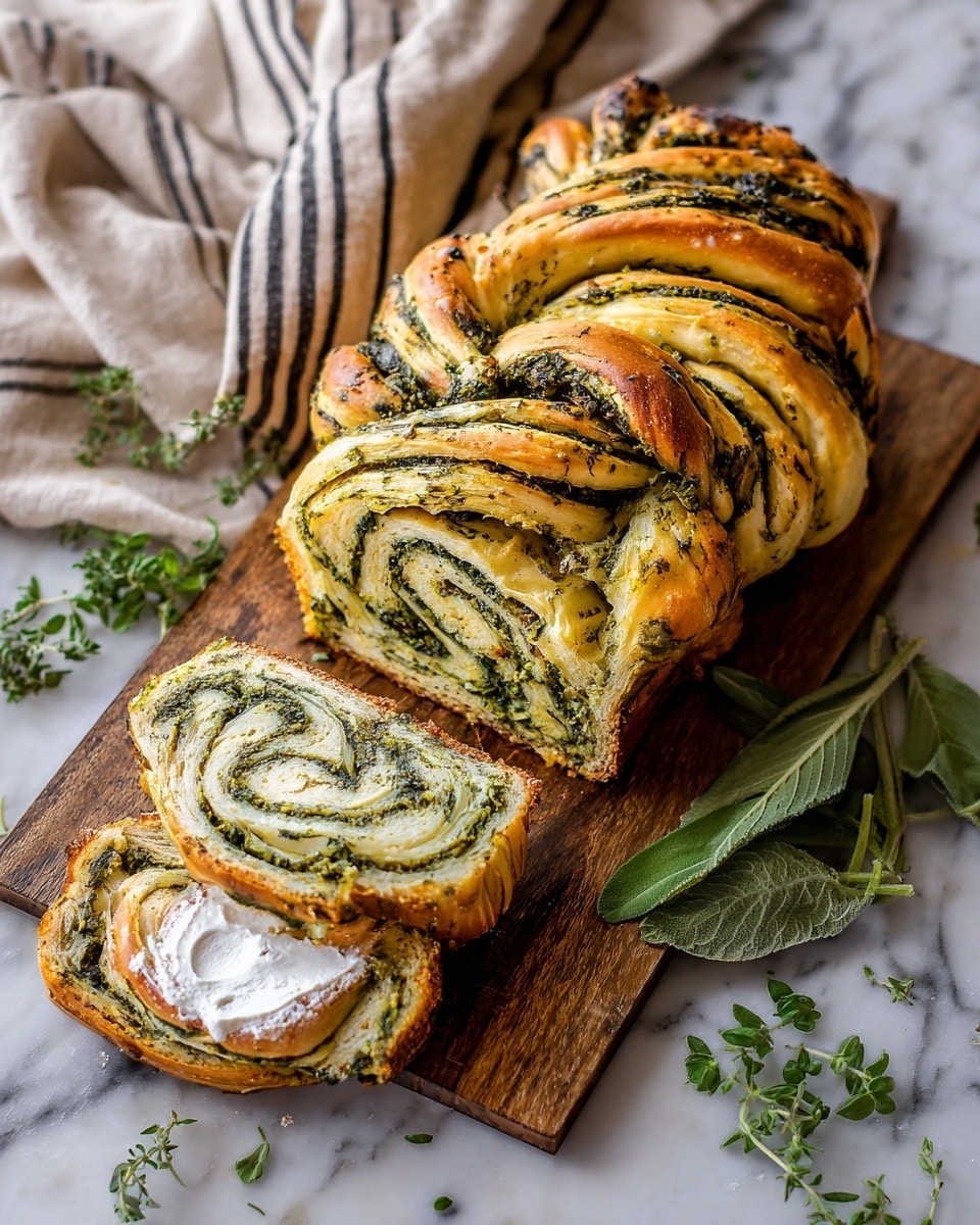 The image shows four thick slices of swirled bread with green pesto layers running through the soft, light-yellow dough, placed on a rough wooden cutting board. The bread has a shiny, slightly golden crust, and two slices have melted white cheese on top, adding a creamy texture. Around the cutting board, there are scattered small green herbs and some coarse salt. Fresh green basil leaves peek out from the bottom left corner. The background is a white marbled surface, enhancing the natural and fresh look of the bread. photo taken with an iphone --ar 4:5 --v 7
