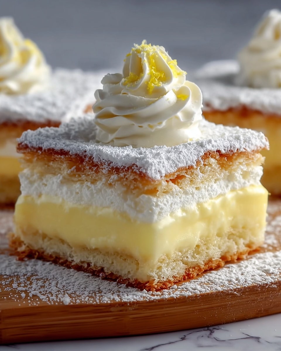 A baking tray lined with parchment paper holds eight square pieces of pastry arranged in two rows, each showing three layers: a golden-brown crust on top and bottom with a creamy white filling in the middle; the top layer is dusted with powdered sugar giving a soft white contrast to the brown. To the back, there is a white teacup with a floral pattern filled with light yellow tea placed on a white marbled surface. In the foreground, a fine sieve with powdered sugar and a wooden spoon rest nearby, adding a rustic touch. The overall lighting is natural, with soft shadows and a cozy feel. photo taken with an iphone --ar 4:5 --v 7