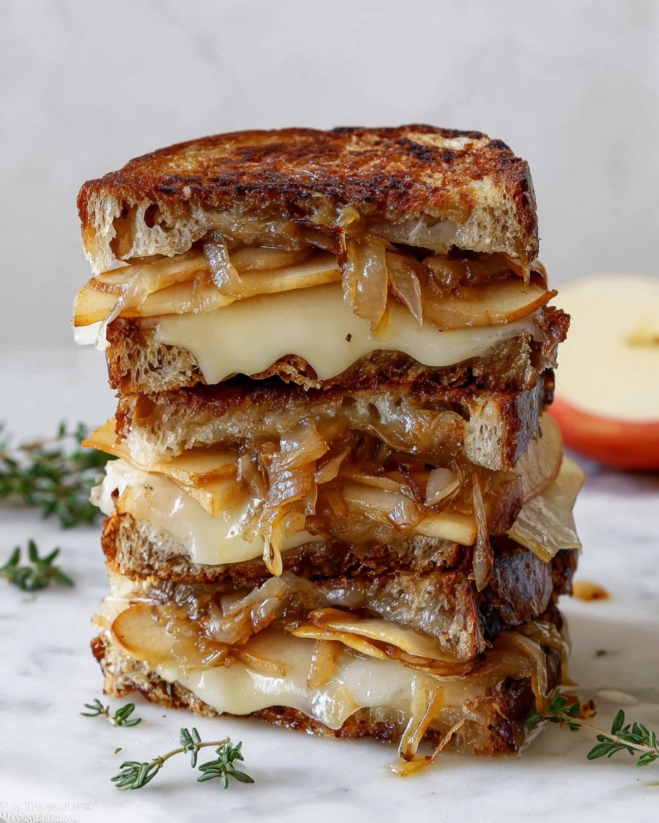 A tall sandwich with three thick, toasted slices of brown crusty bread, each slice slightly browned on the edges. Between the bread layers, there are melted pale yellow cheese slices and caramelized onions with a soft, shiny texture and dark golden-brown color. Thin slices of cooked apple or pear with a light brown sear are scattered inside, adding a slight crunch. The sandwich is stacked unevenly, showing each layer clearly, and sits on a white marbled surface with small green herb sprigs nearby. Photo taken with an iphone --ar 4:5 --v 7