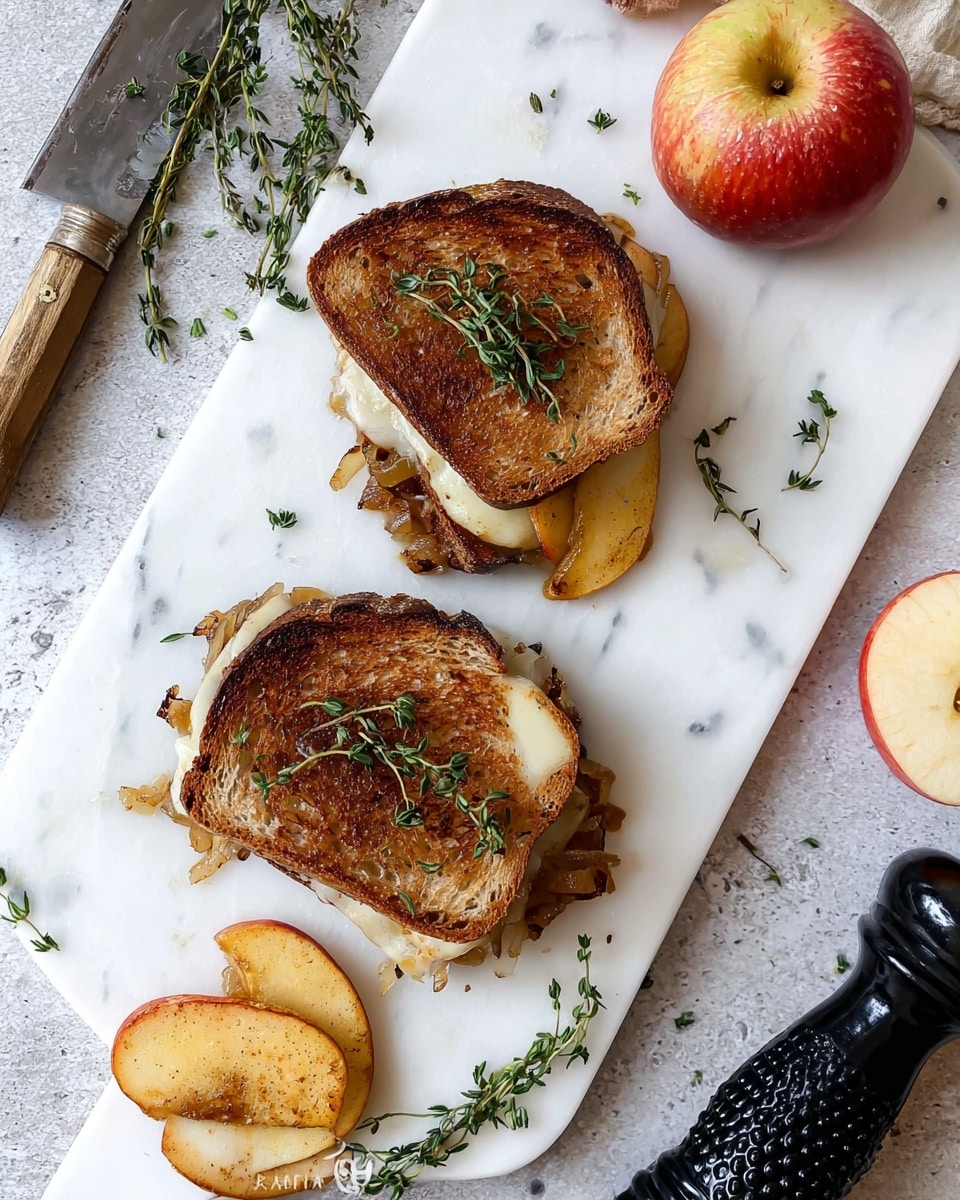 Two grilled sandwiches sit on a white marble cutting board, each made with two slices of toasted brown bread filled with melted creamy cheese and caramelized onions. On top of the sandwiches, there are golden-brown roasted apple slices sprinkled with fresh green thyme leaves. Next to the sandwiches, on a small white wooden board placed partly on the marble, are two more roasted apple slices also garnished with thyme. Around the board, there are sprigs of thyme, a whole apple with red and light yellow skin, a vintage silver knife, and a black textured pepper grinder, all on a white marbled surface. photo taken with an iphone --ar 4:5 --v 7