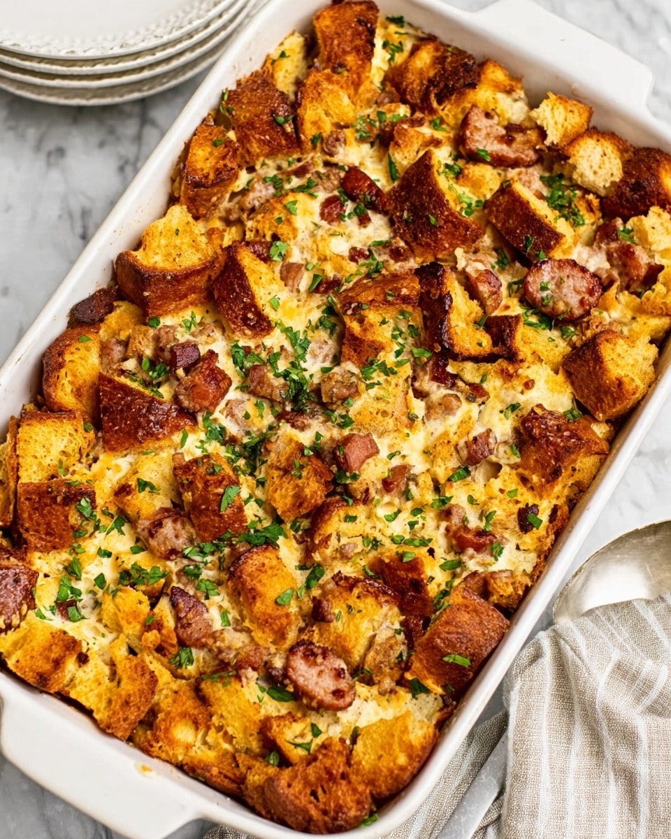 The image shows a white rectangular baking dish filled with a baked casserole. The top layer consists of golden-brown toasted bread pieces scattered unevenly, some with a slightly crispy texture. Intermixed are chunks of cooked sausage and chicken, both with a browned, slightly caramelized surface. Fresh green herbs are lightly sprinkled over the top, adding a touch of color. The casserole looks rich and well-baked with a mix of textures from soft inside to crunchy top. The dish is placed on a white marbled surface. A stack of white plates is nearby along with a woman's hand holding a serving spatula near the corner of the baking dish. Photo taken with an iphone --ar 4:5 --v 7