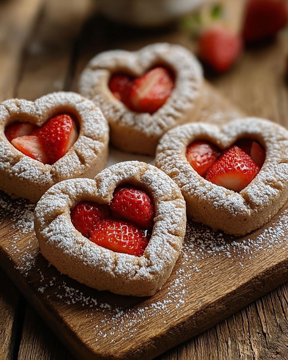 Four heart-shaped cookies made from light brown dough are placed on a wooden board. Each cookie has a hollow heart-shaped center filled with halves of fresh red strawberries. The cookies are dusted with white powdered sugar, giving a soft contrast to the red strawberries and light brown dough. The wooden board and blurred background create a warm, cozy feel. photo taken with an iphone --ar 4:5 --v 7