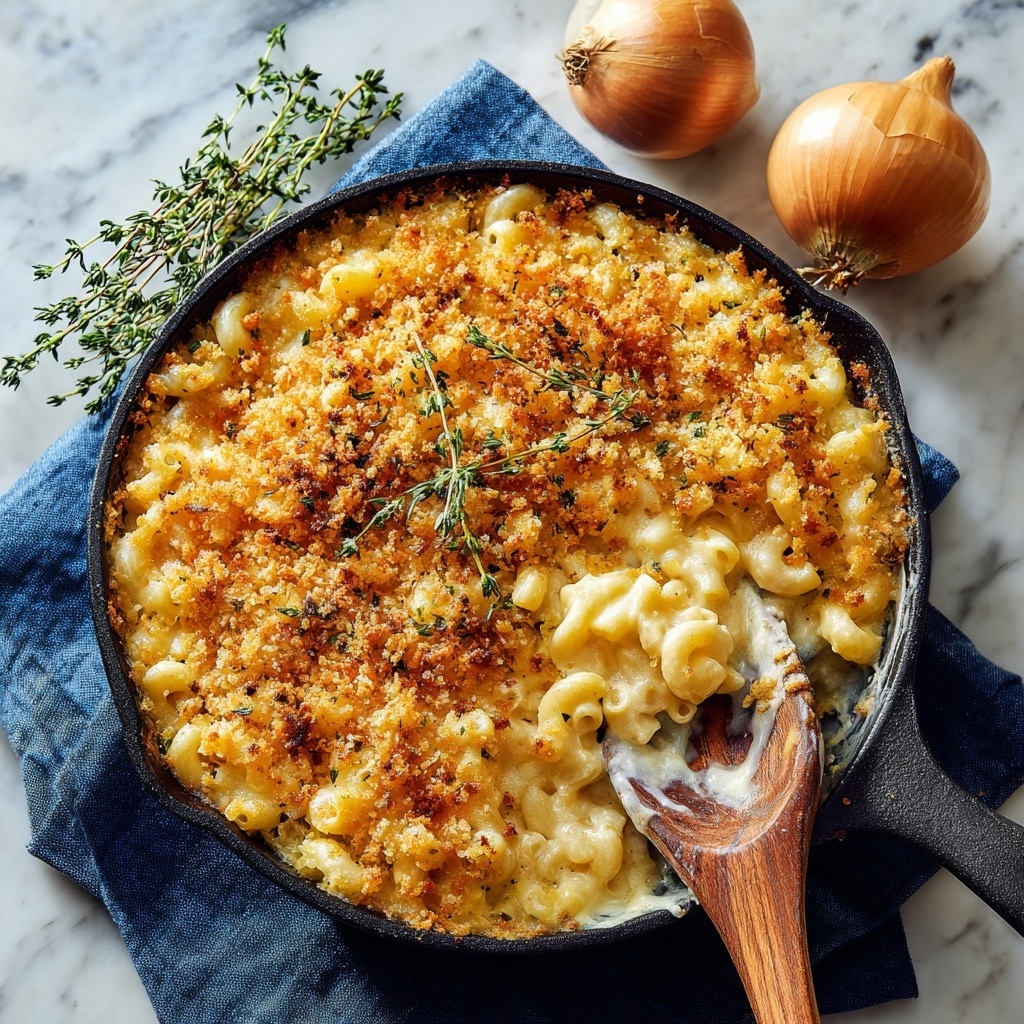 The image shows a close-up view of a skillet filled with creamy macaroni and cheese topped with golden brown breadcrumbs. The mac and cheese layer is soft, cheesy, and pale yellow with elbow macaroni shapes visible. On top, there is a crispy, browned crumb layer that looks crunchy and contrasts with the smooth pasta beneath. A metallic gold spoon is scooping some mac and cheese from the pan, with a white marbled surface and a striped cloth underneath. Photo taken with an iphone --ar 4:5 --v 7